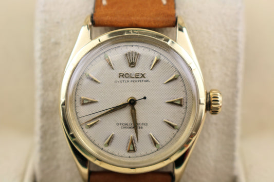 1963 Rolex Oyster Perpetual 14k 6285 Honeycomb Dial Leather Strap with Tags 34mm