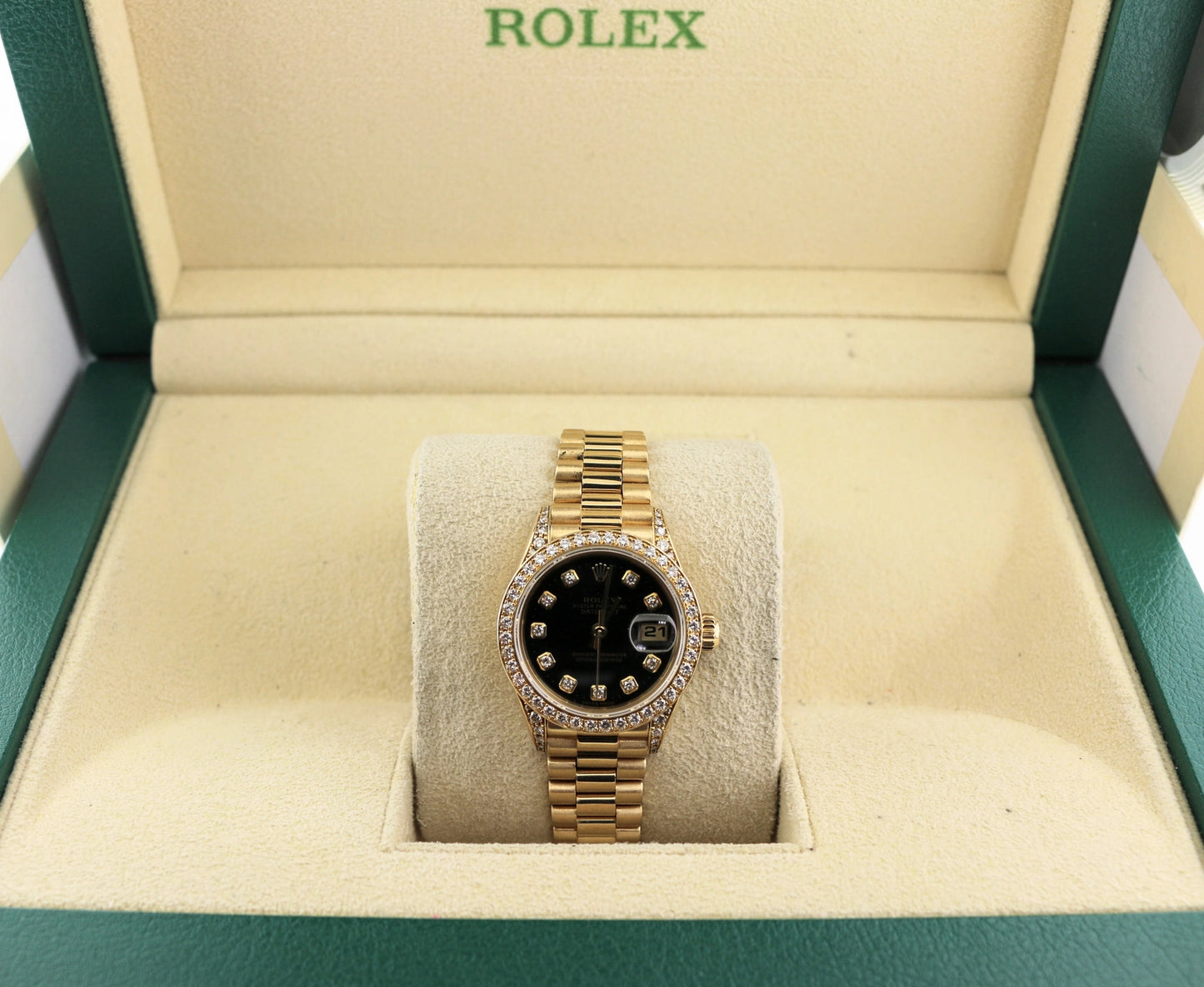 Rolex Ladies Datejust 79158 Black Diamond Dial, Bezel, Lugs 18kt President 26mm