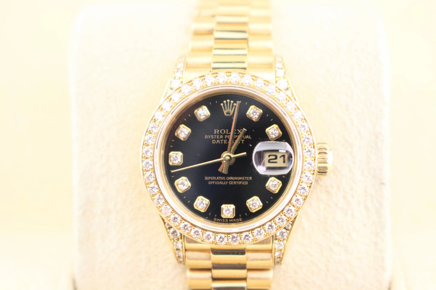 Rolex Ladies Datejust 79158 Black Diamond Dial, Bezel, Lugs 18kt President 26mm