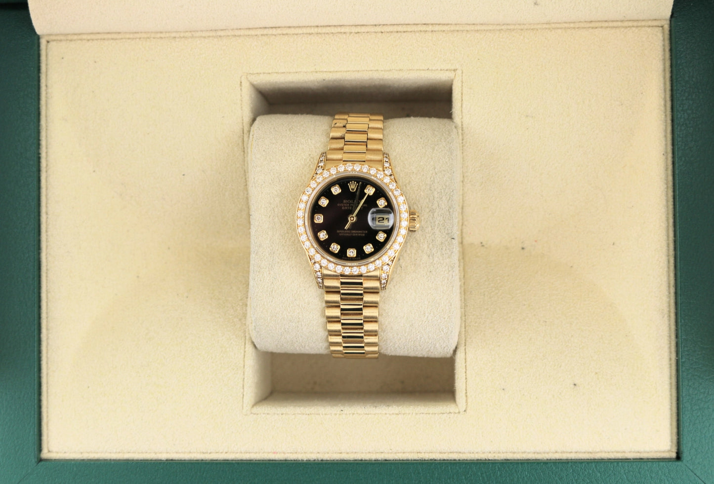 Rolex Ladies Datejust 79158 Black Diamond Dial, Bezel, Lugs 18kt President 26mm