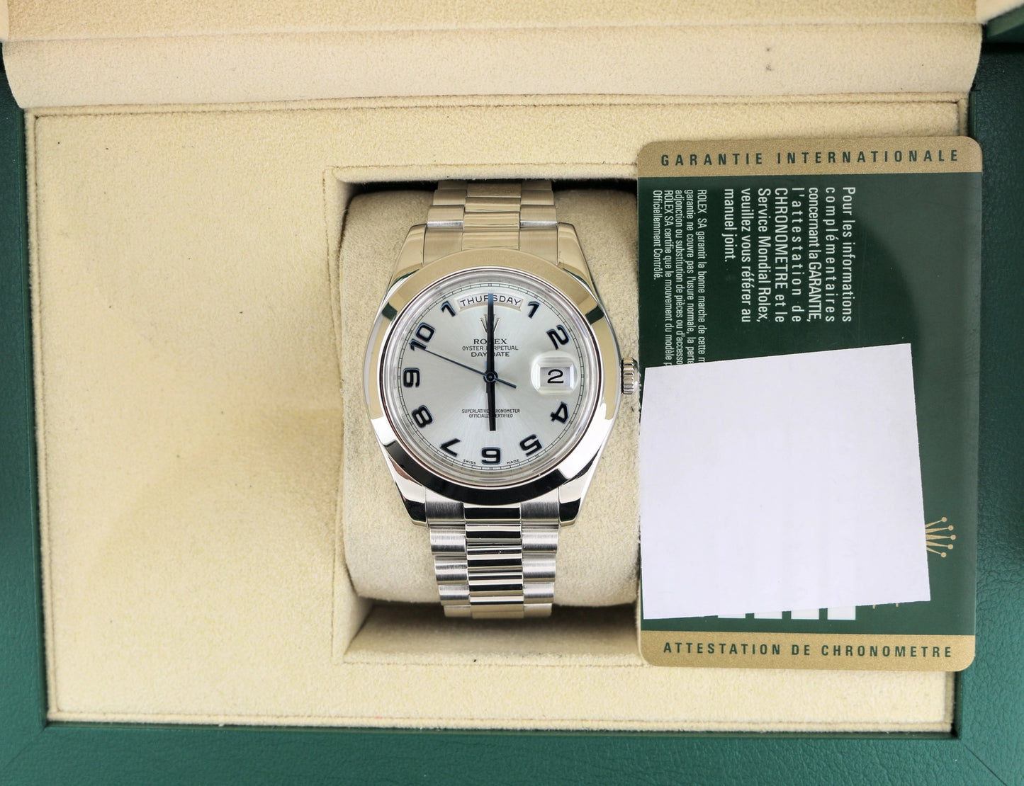 2009 Rolex DayDate 218206 Ice Blue Arabic Dial Platinum President W/ Papers 41mm