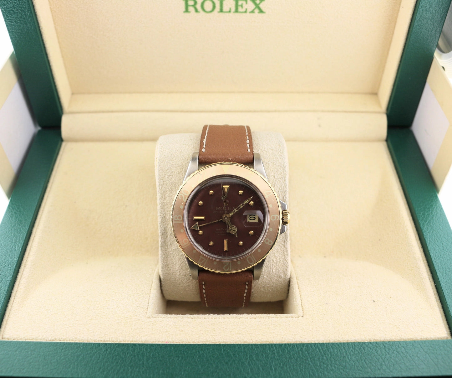 1971 Rolex GMT-Master 1675 Root Beer Nipple Dial Brown Leather Strap 40mm