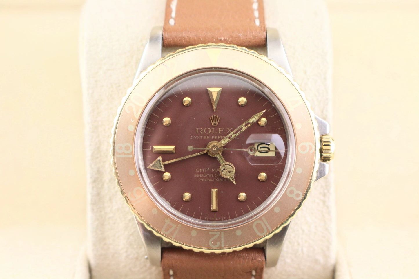 1971 Rolex GMT-Master 1675 Root Beer Nipple Dial Brown Leather Strap 40mm