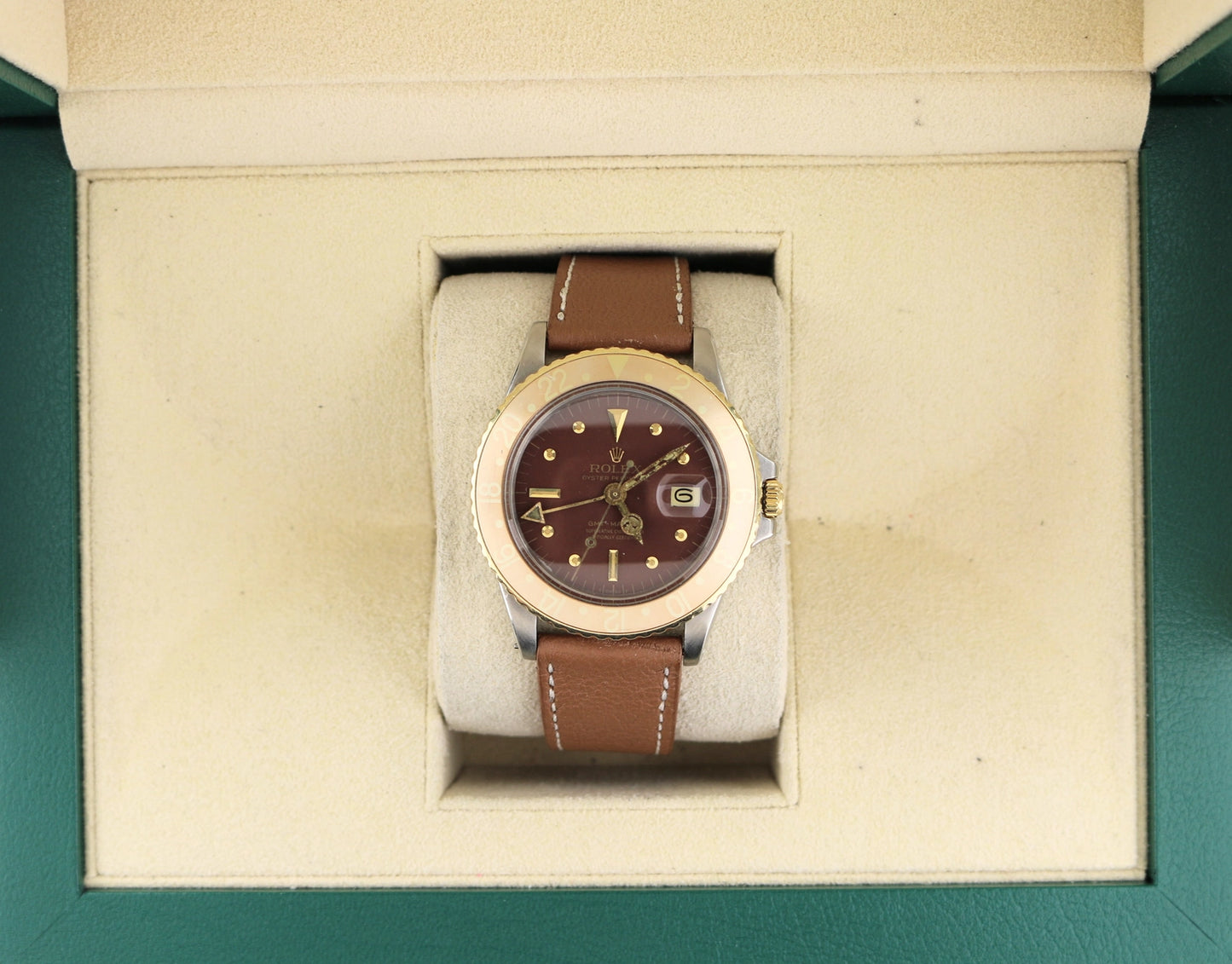 1971 Rolex GMT-Master 1675 Root Beer Nipple Dial Brown Leather Strap 40mm