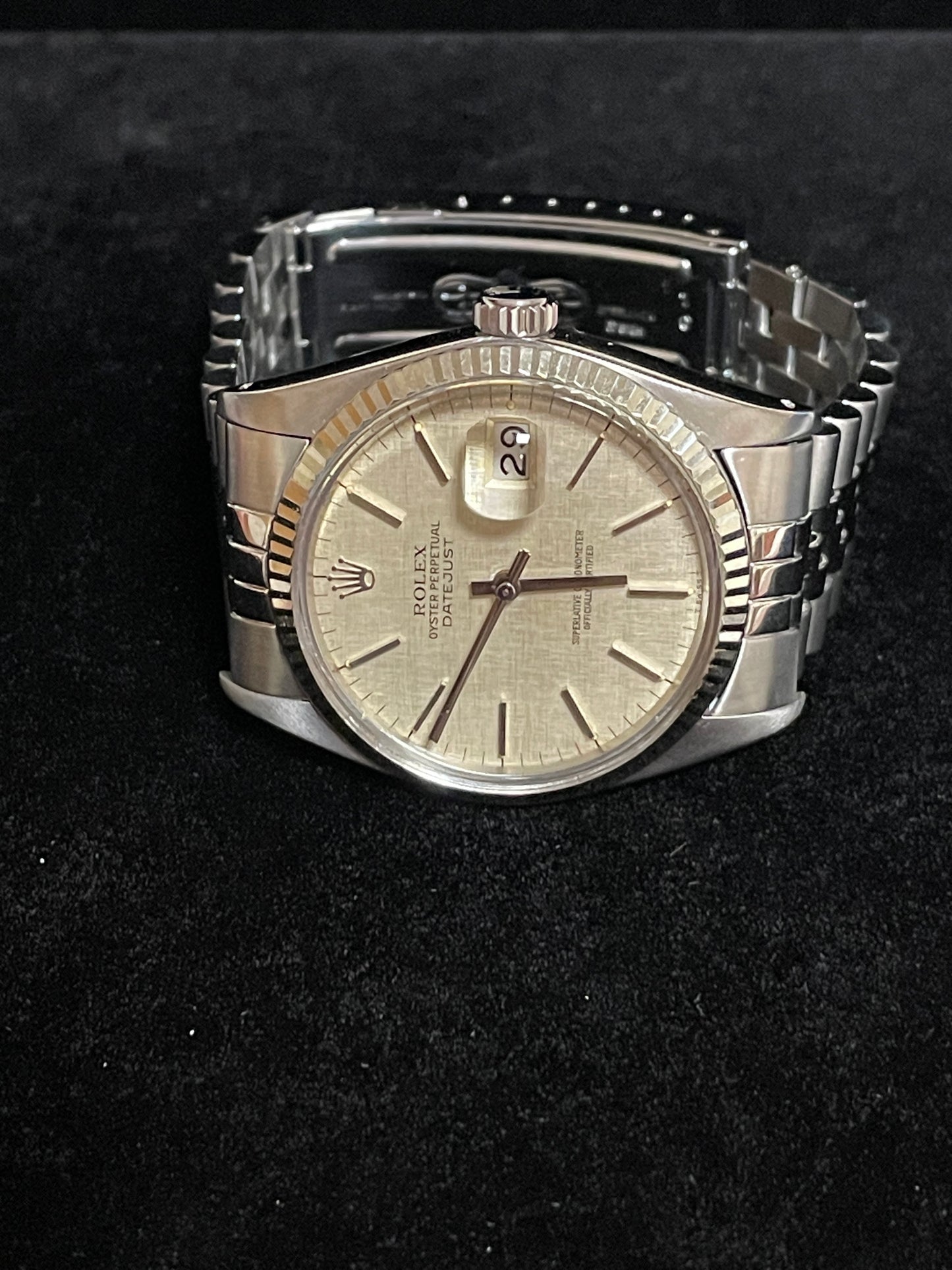 1978 Rolex Datejust 16014 Silver Linen Dial SS Jubilee 18kt Fluted WG Bezel 36mm
