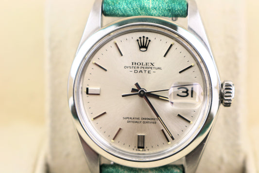 1963 Rolex Date 1500 Silver Dial Green Pattern Leather Strap No Papers 34mm