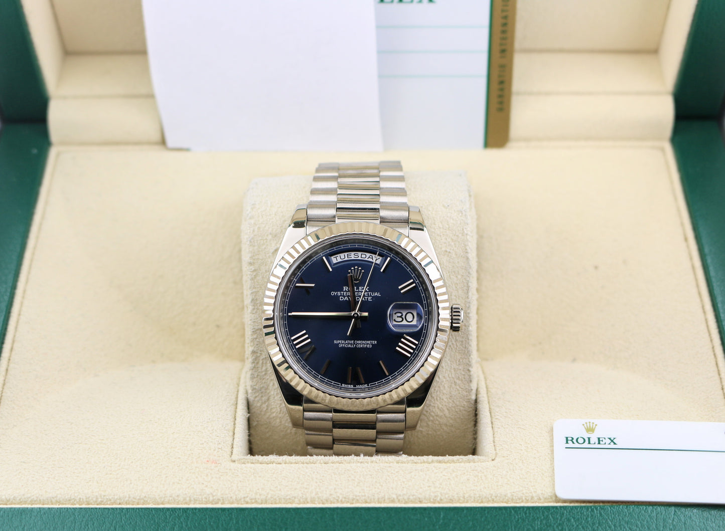 2018 Rolex Day-Date President 228239 Blue Roman Dial White Gold 18kt Papers 40mm