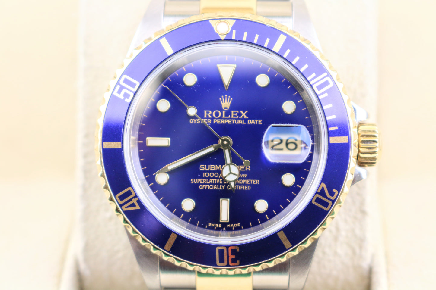 2001 Rolex Submariner Gold Through 16613 Blue Dial TT Oyster With Papers 40mm