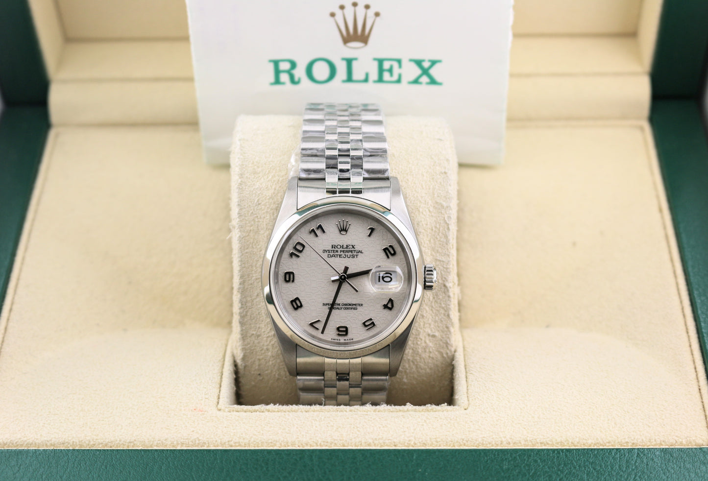 2005 Rolex Datejust 16200 Porcelain Ivory Arabic Dial SS Jubilee With Paper 36mm