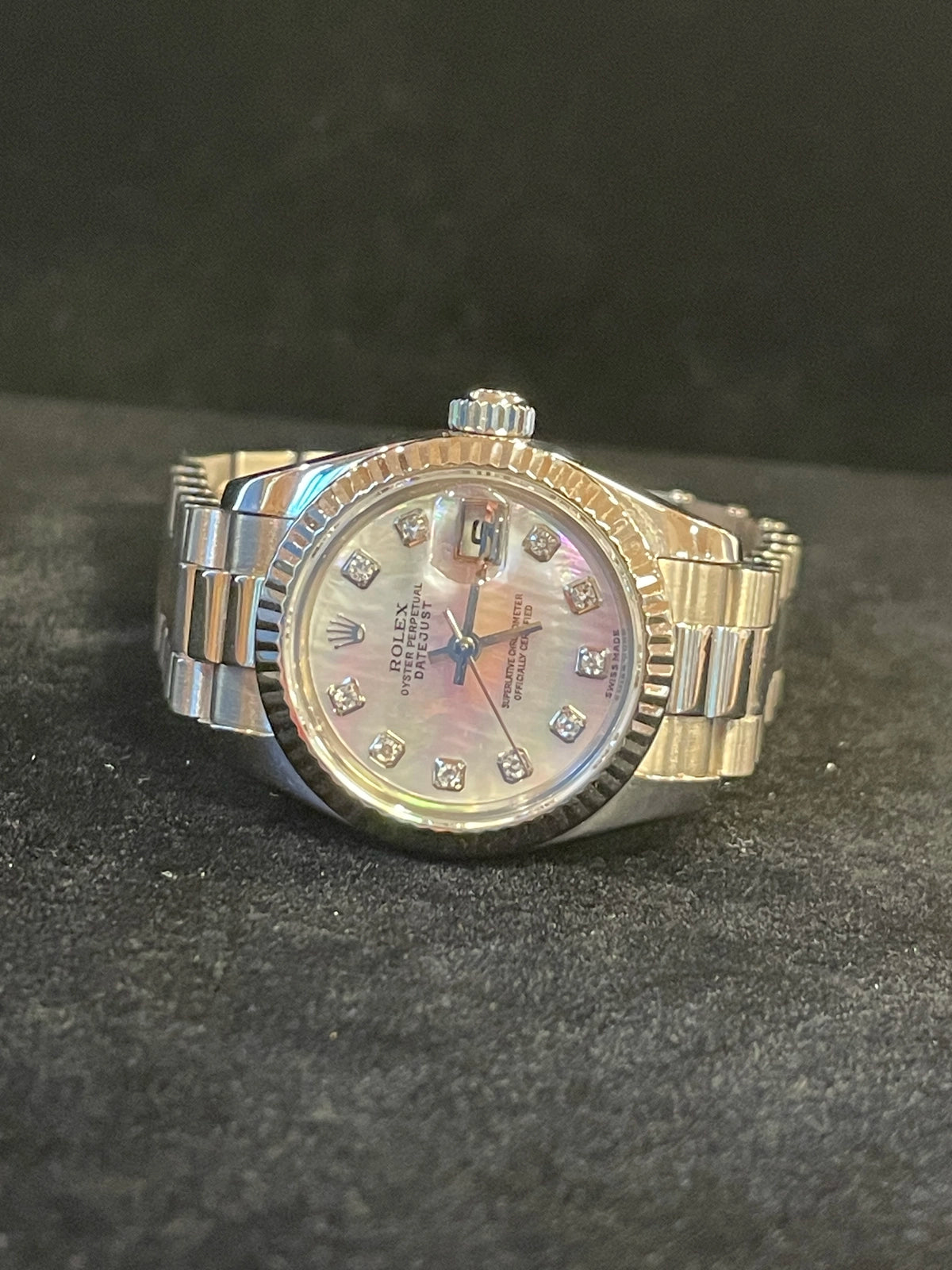 2006 Rolex Ladies Datejust 179179 MOP Diamond Dial 18kt WG President Papers 26mm