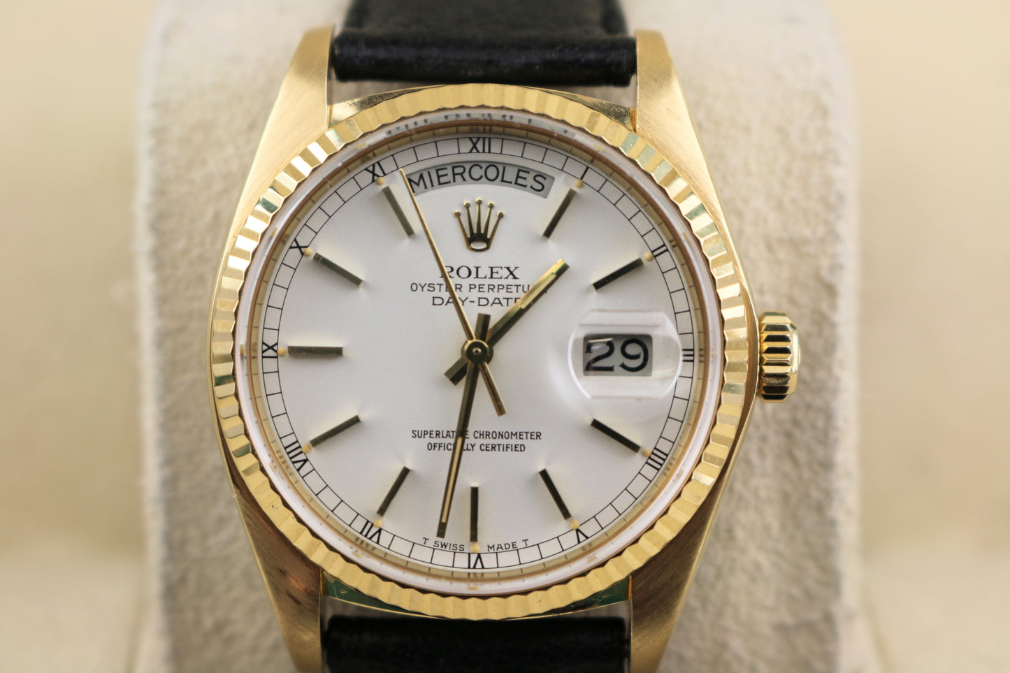 1979 Rolex Day-Date 18038 White Stick Dial Black Leather Strap No Papers 36mm