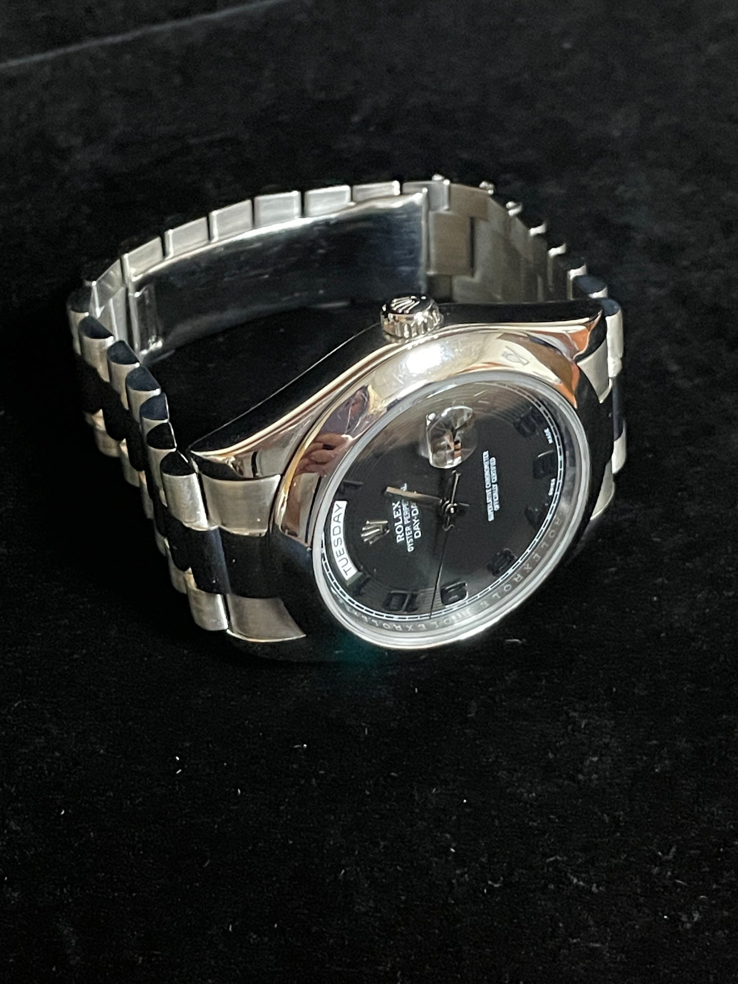 2011 Rolex Platinum Day-Date 218206 Black Arabic Dial President With Papers 41mm