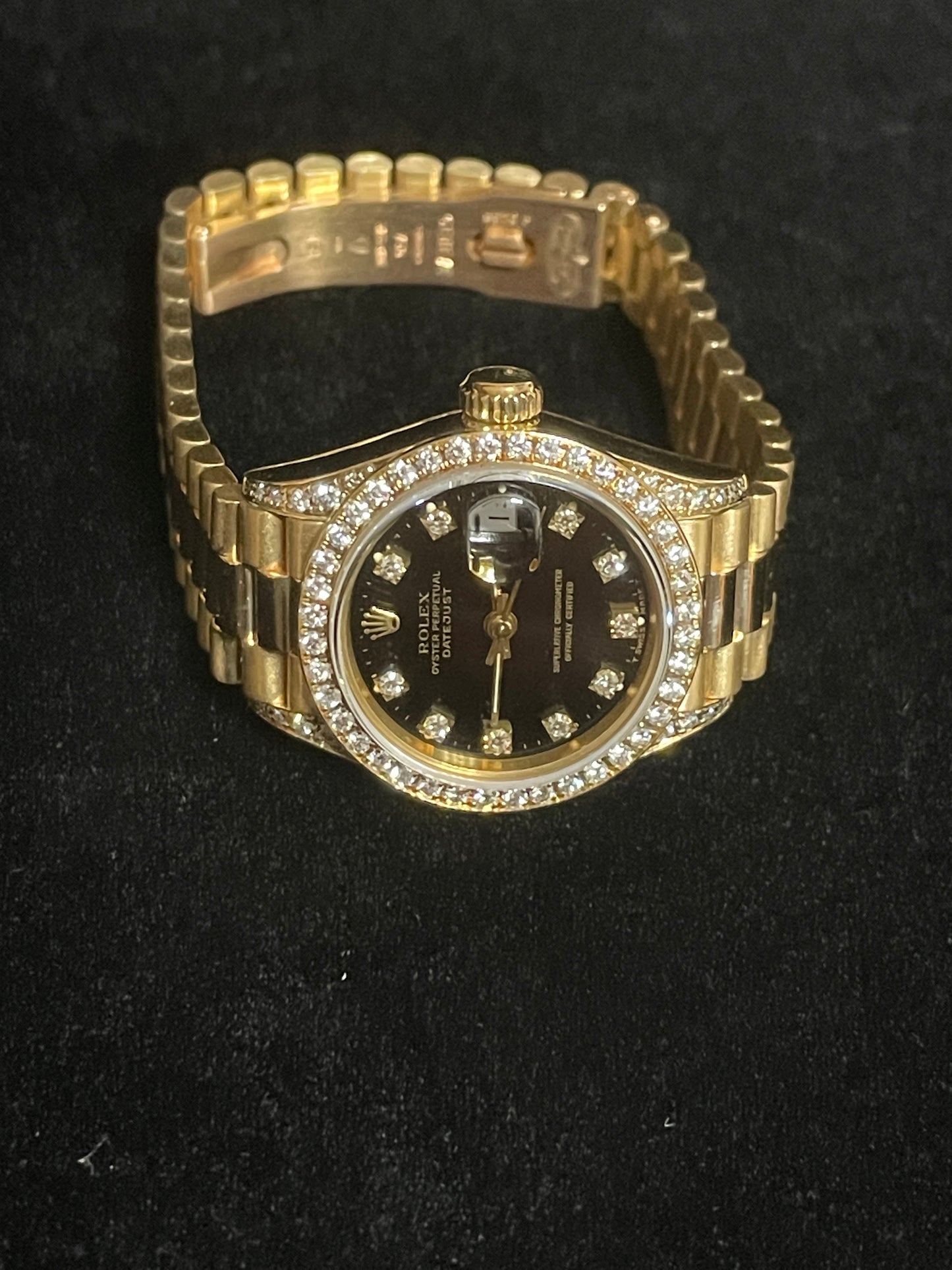 1990 Rolex Lady Datejust 69158 Black Diamond Dial Bezel and lugs President 26mm