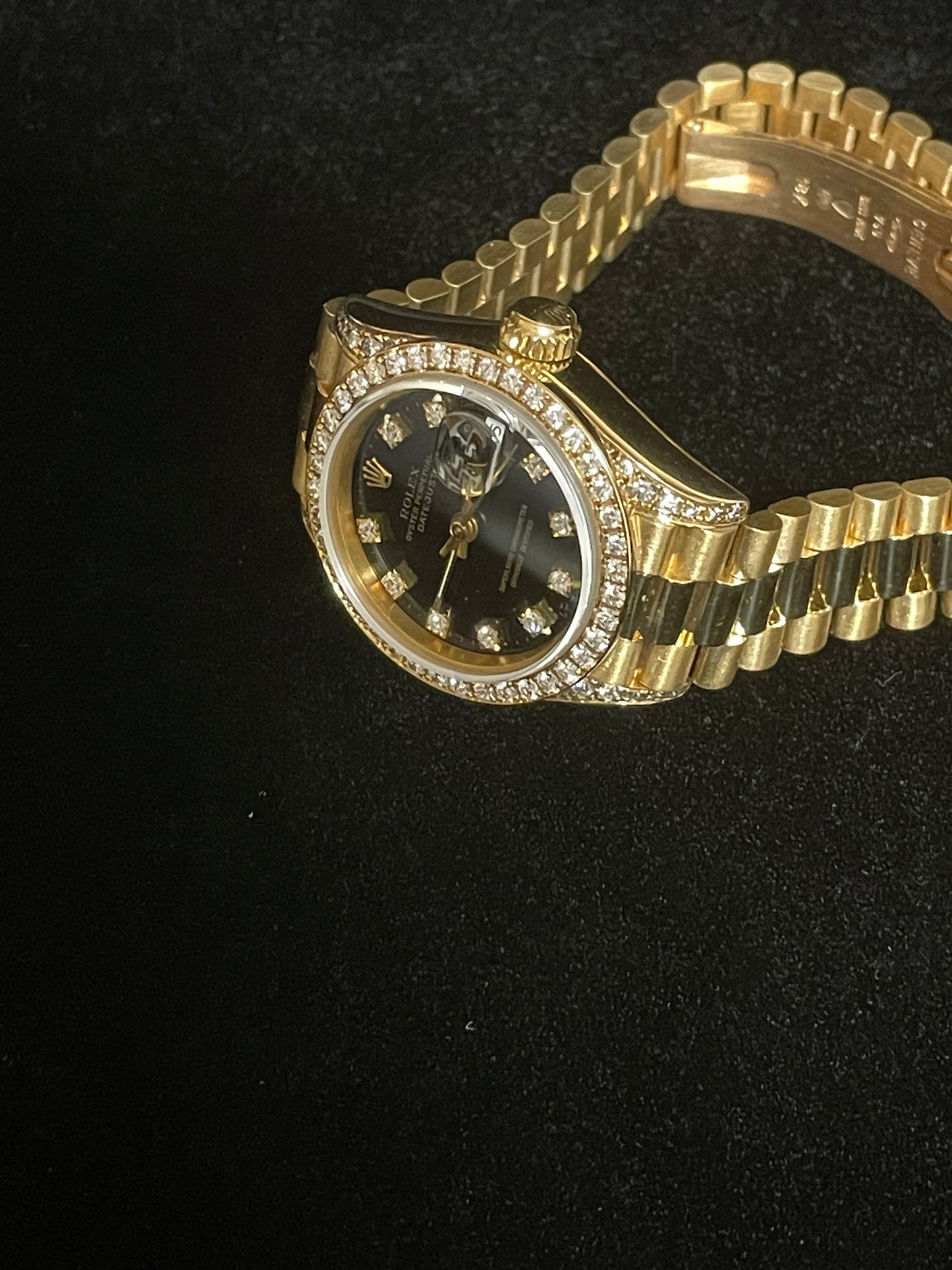 1990 Rolex Lady Datejust 69158 Black Diamond Dial Bezel and lugs President 26mm