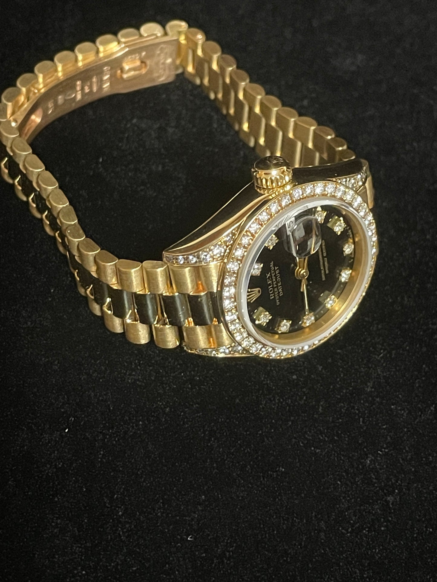 1990 Rolex Lady Datejust 69158 Black Diamond Dial Bezel and lugs President 26mm