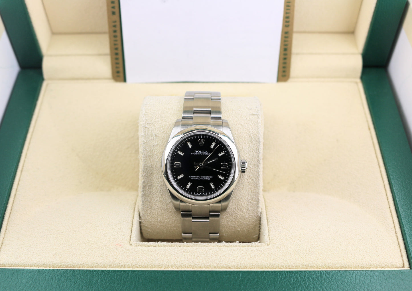 2012 Rolex Oyster Perpetual 177200 Black Arabic Dial SS Oyster With Papers 31mm
