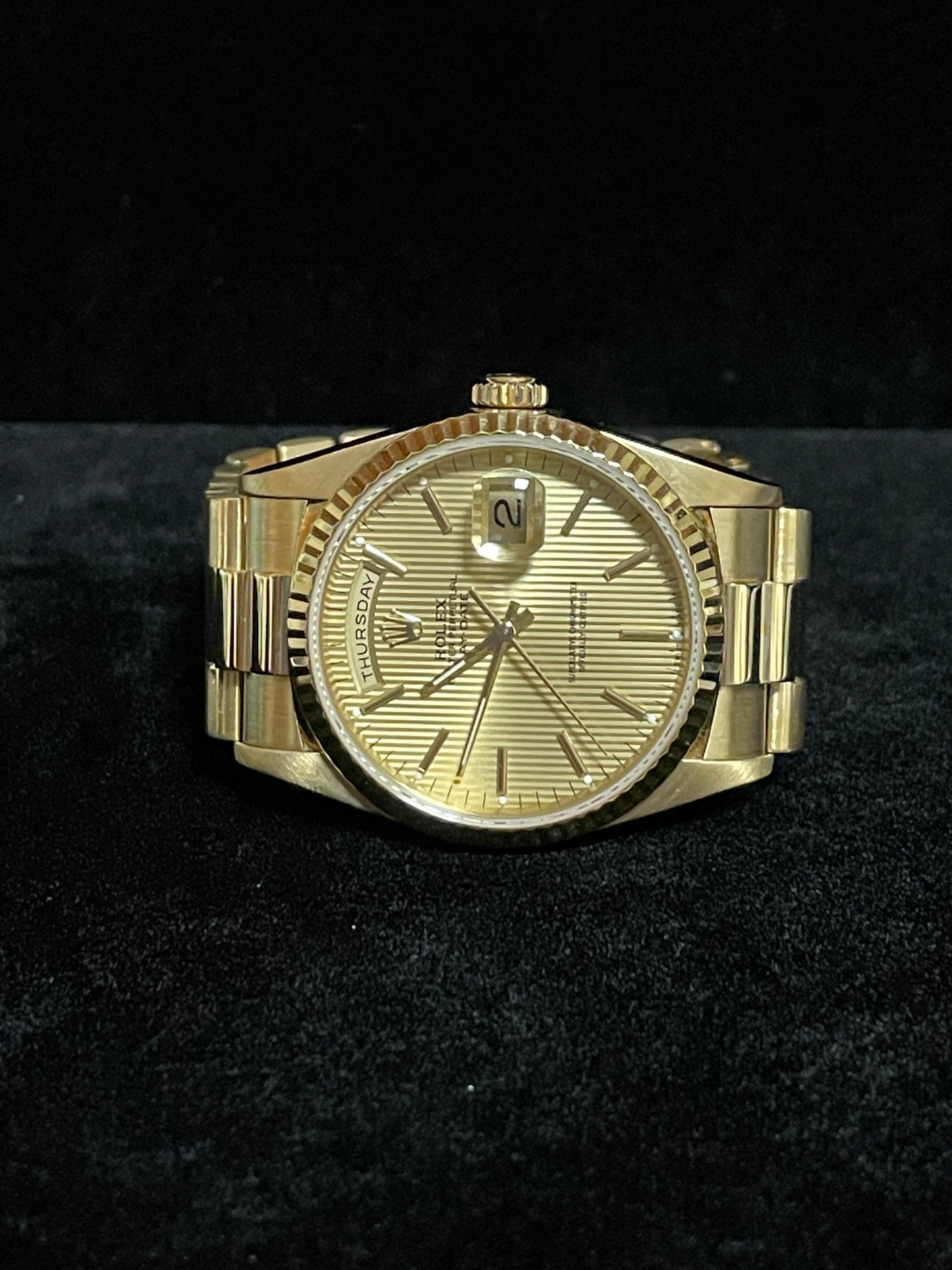 Rolex Day-Date 18238 Champagne Tapestry Dial 18kt President W/ Open Papers 36mm