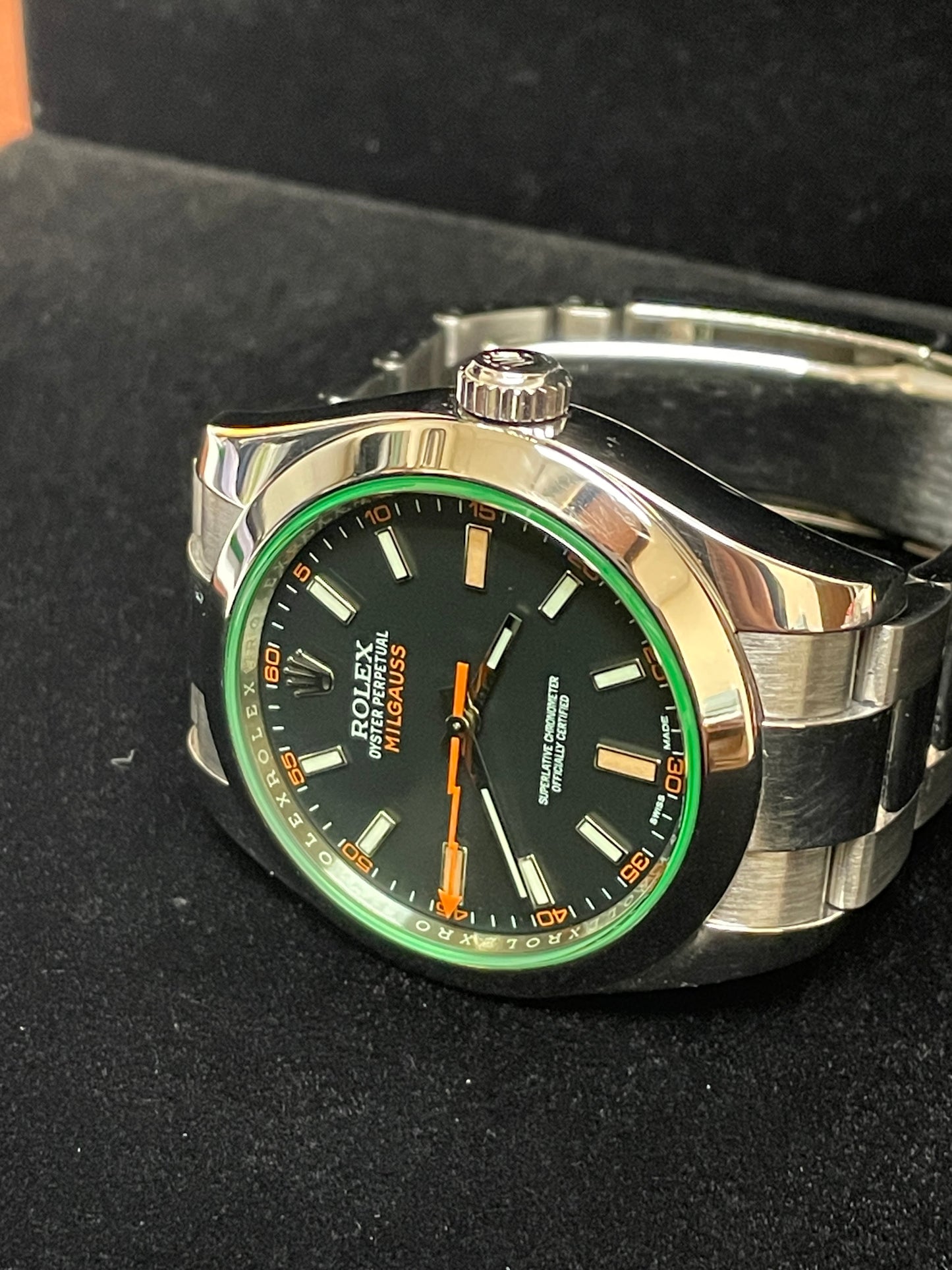 2014 Rolex Milgauss 116400GV Green Crystal SS Oyster With Papers 40mm