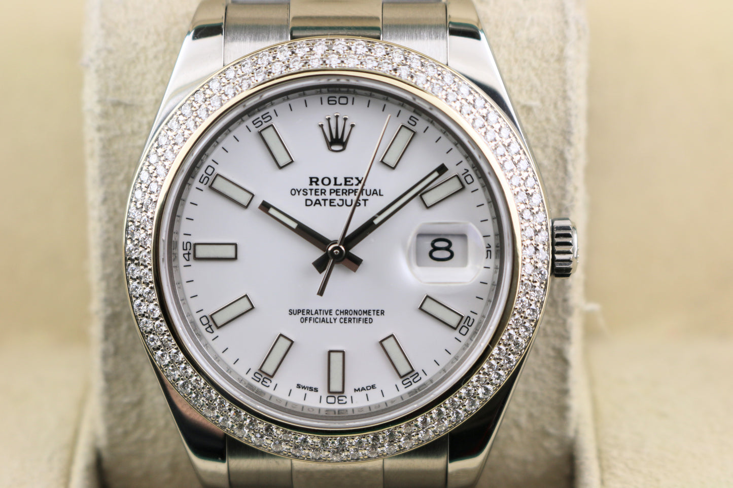2014 Rolex Datejust 116334 Two Row Diamond Bezel White Stick Dial SS Oyster 41mm
