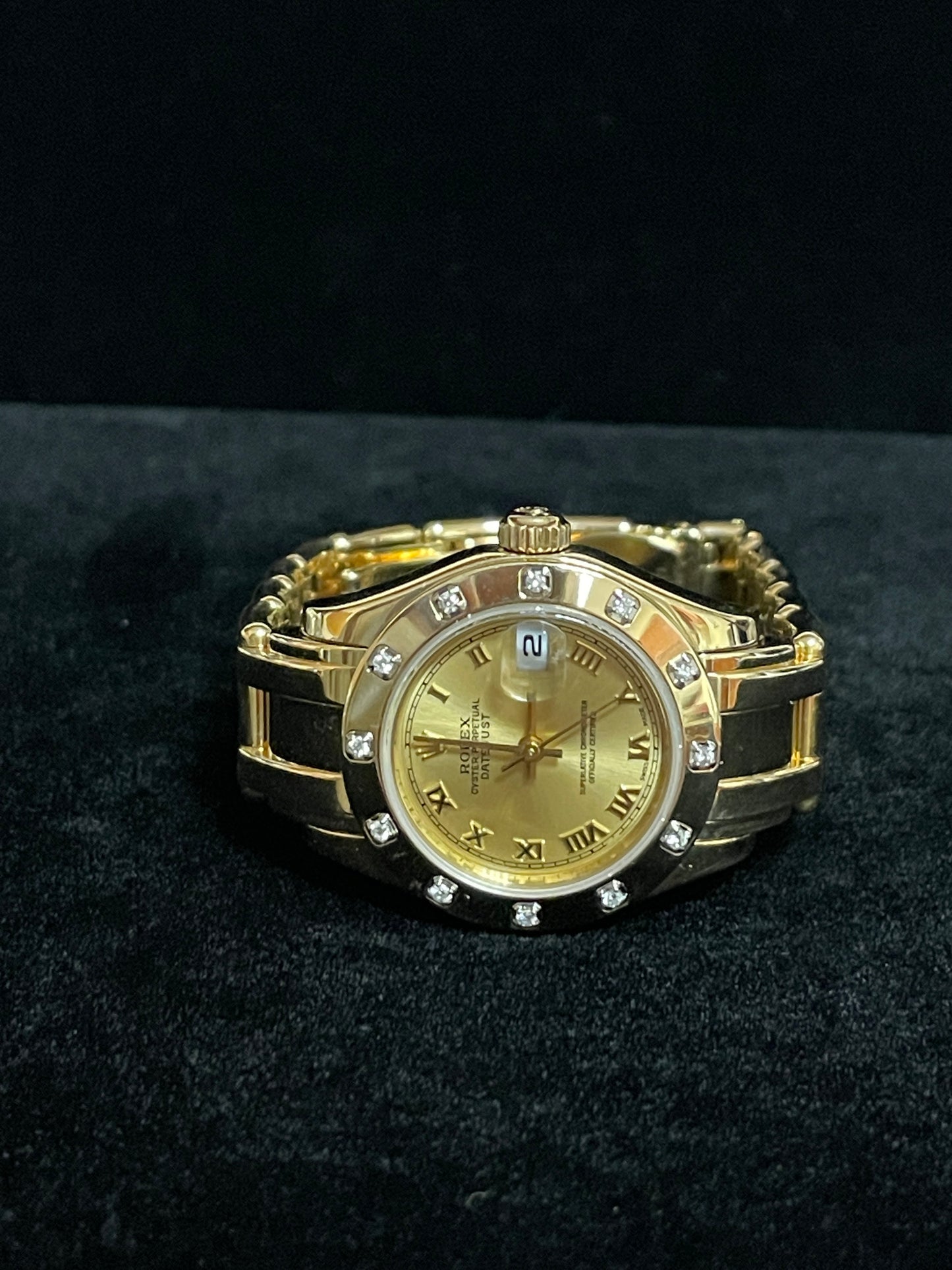 2000 Rolex Ladies Pearlmaster 80318 Champagne Roman Dial YG 18k No Papers 29mm