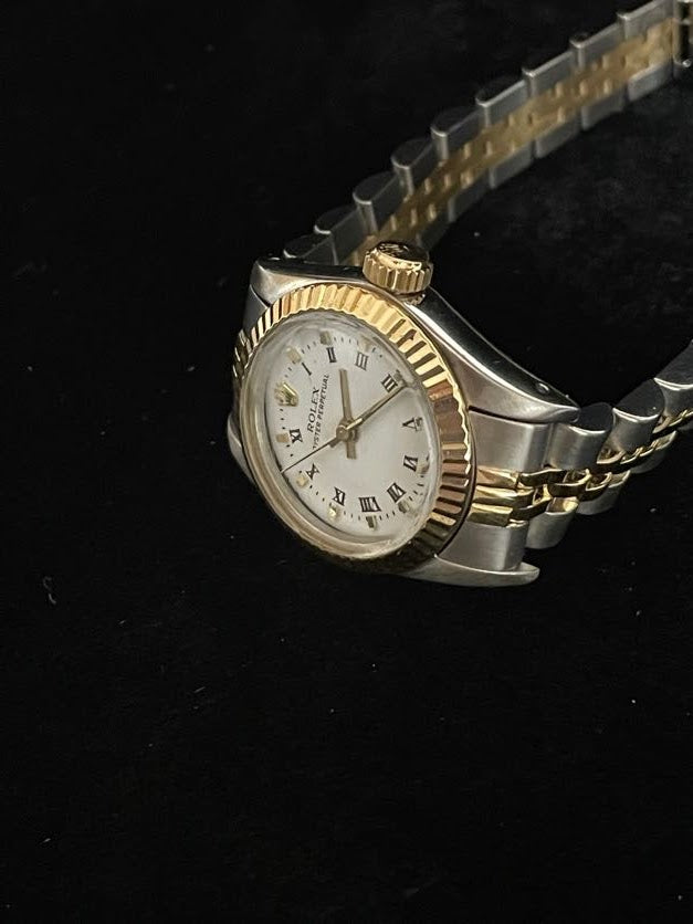 1986 Rolex Ladies Oyster Perpetual 67193 White Roman Dial TT 18kt Jubilee 24mm