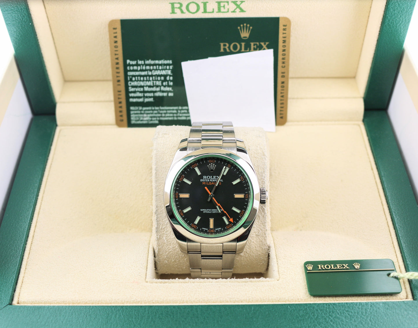 2014 Rolex Milgauss 116400GV Green Crystal SS Oyster With Papers 40mm