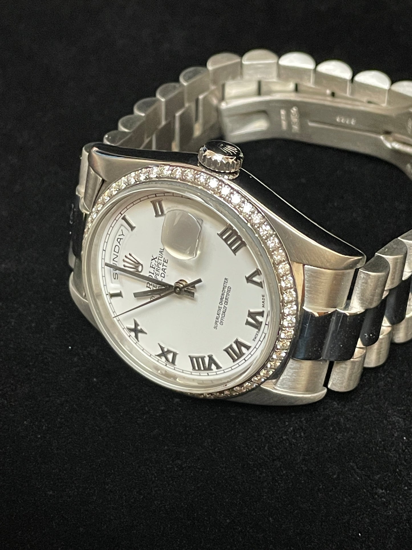 1995 Rolex Day-Date 18206 White Roman Dial Platinum President Diamond Bezel 36mm
