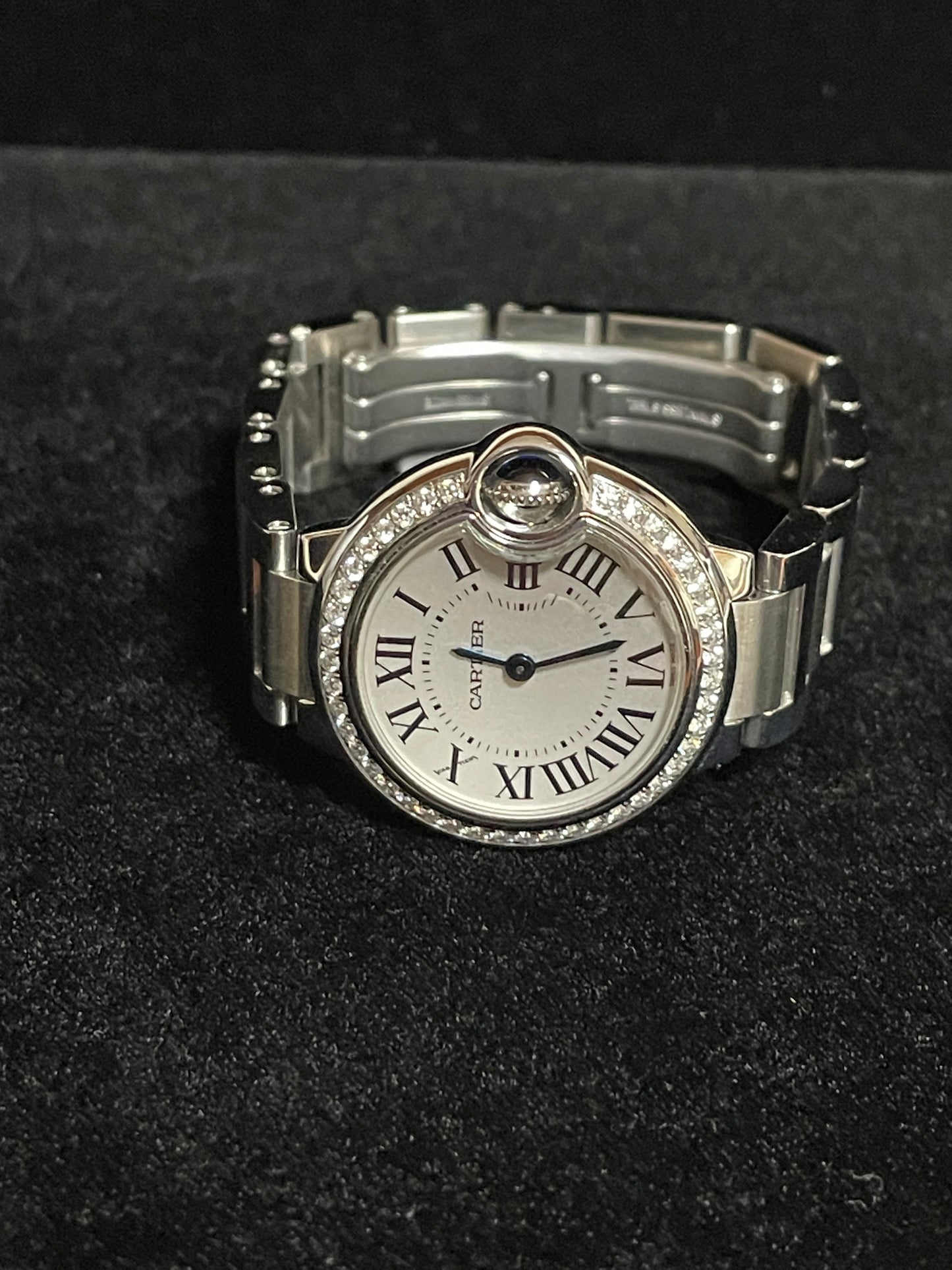 Cartier Ladies Ballon Bleu W4BB0015 White Roman Diamond Bezel SS Bracelet 28mm