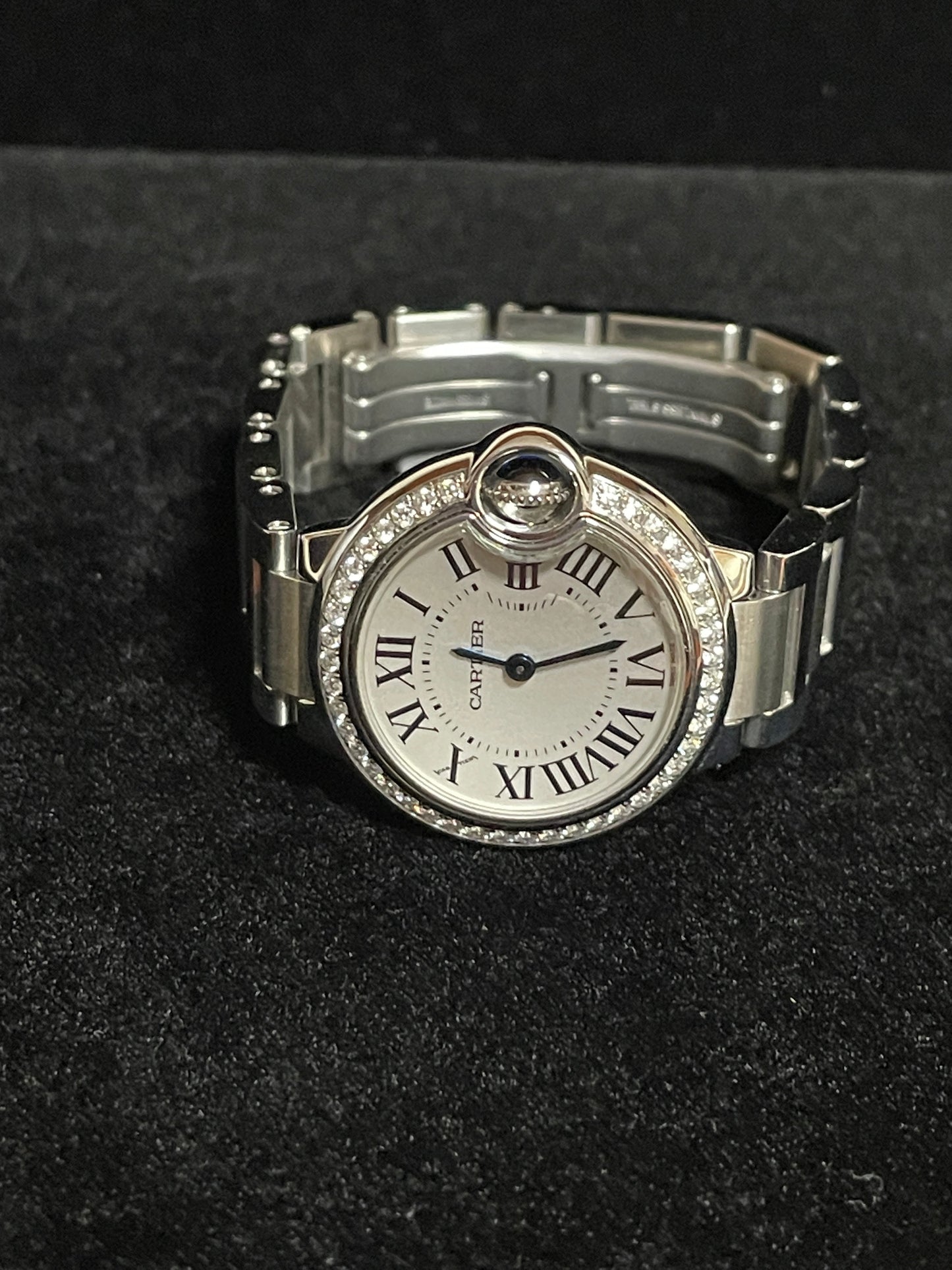 Cartier Ladies Ballon Bleu W4BB0015 White Roman Diamond Bezel SS Bracelet 28mm