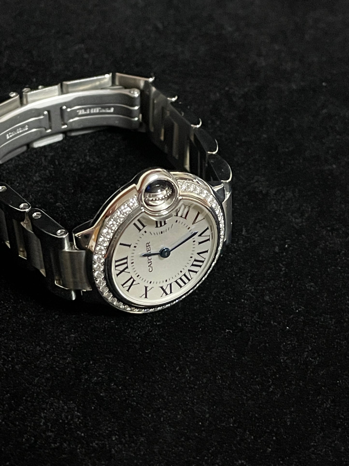 Cartier Ladies Ballon Bleu W4BB0015 White Roman Diamond Bezel SS Bracelet 28mm
