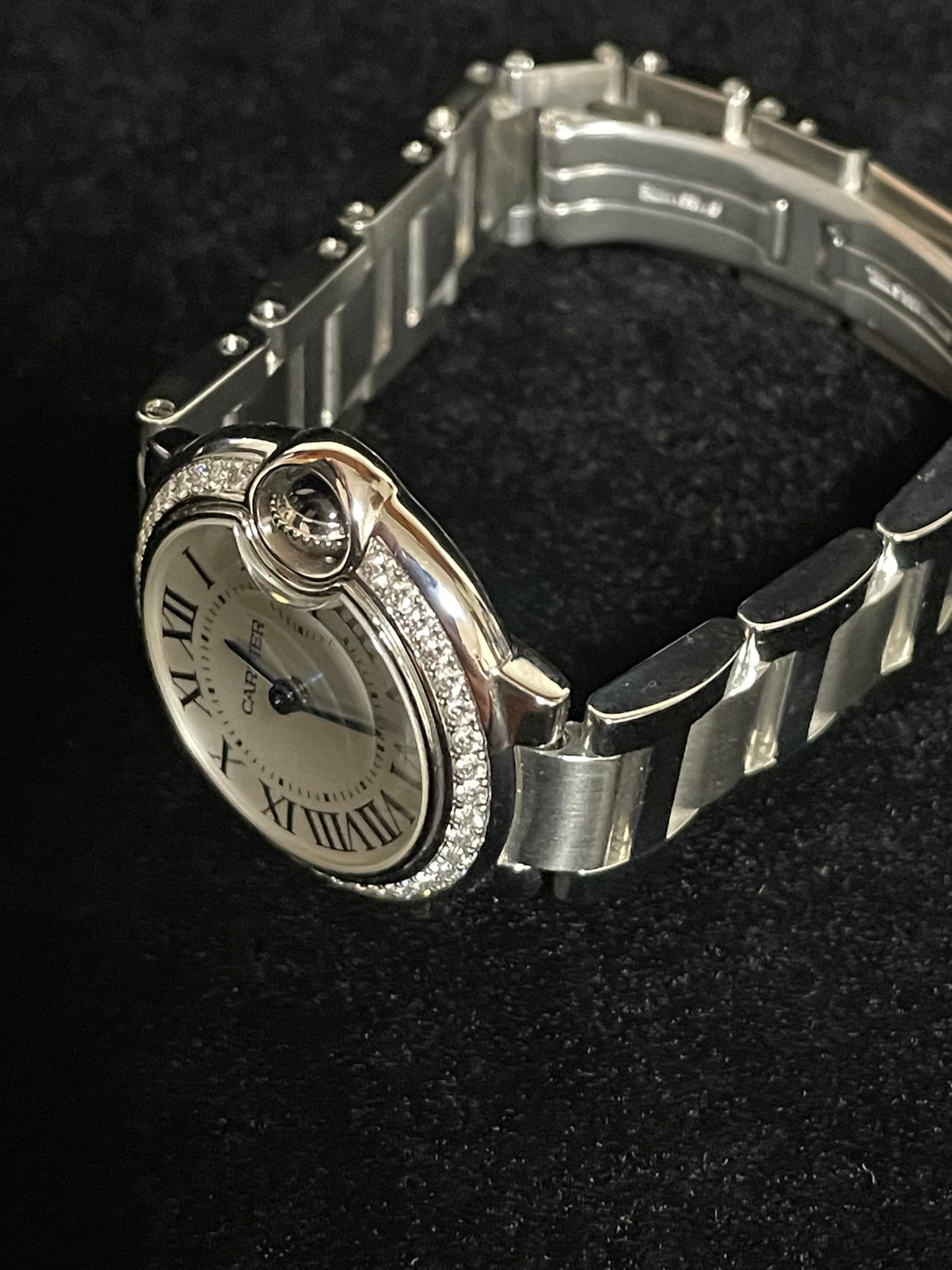 Cartier Ladies Ballon Bleu W4BB0015 White Roman Diamond Bezel SS Bracelet 28mm