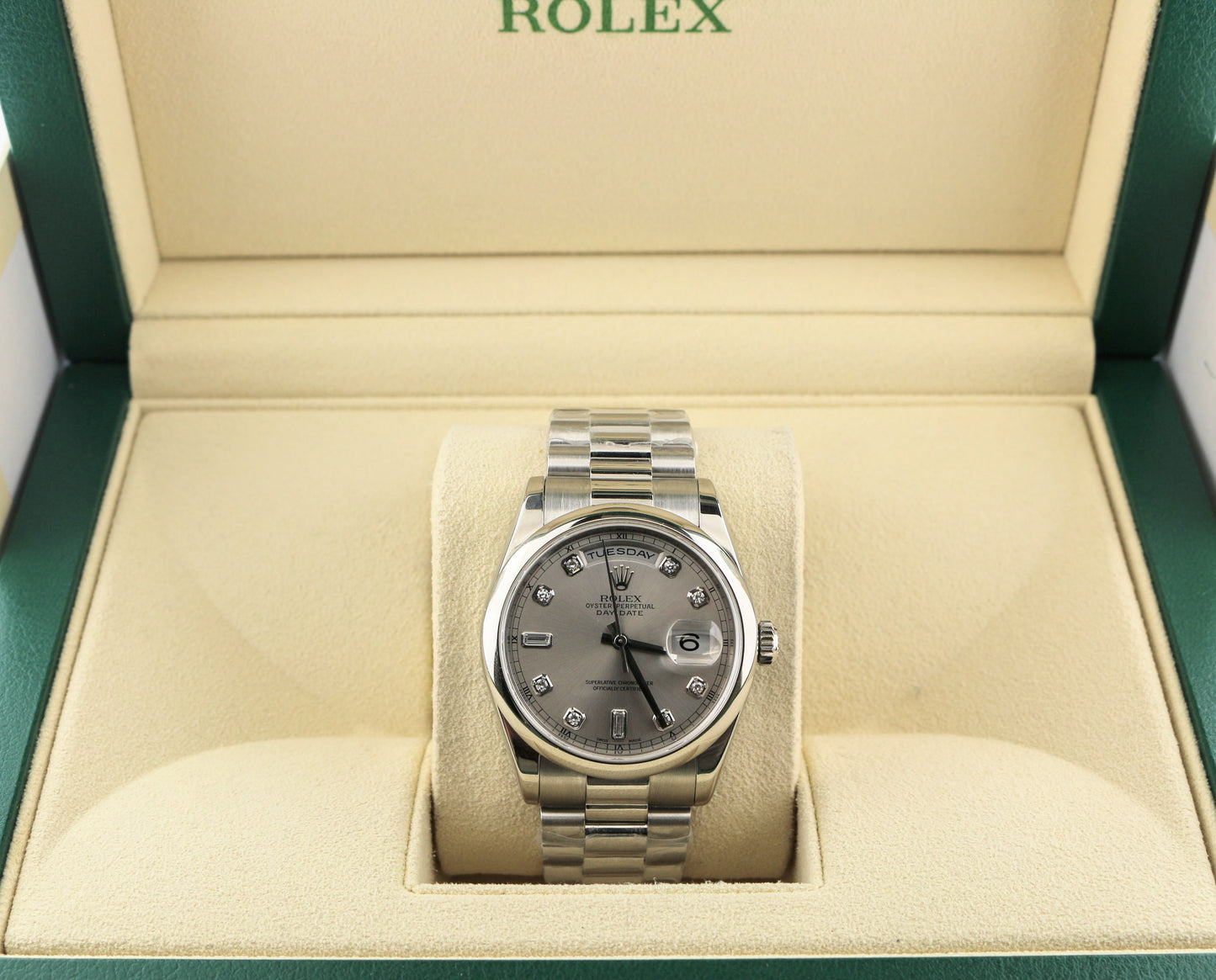 2000 Rolex Platinum Day-Date 118206 Silver Diamond Dial President No Papers 36mm