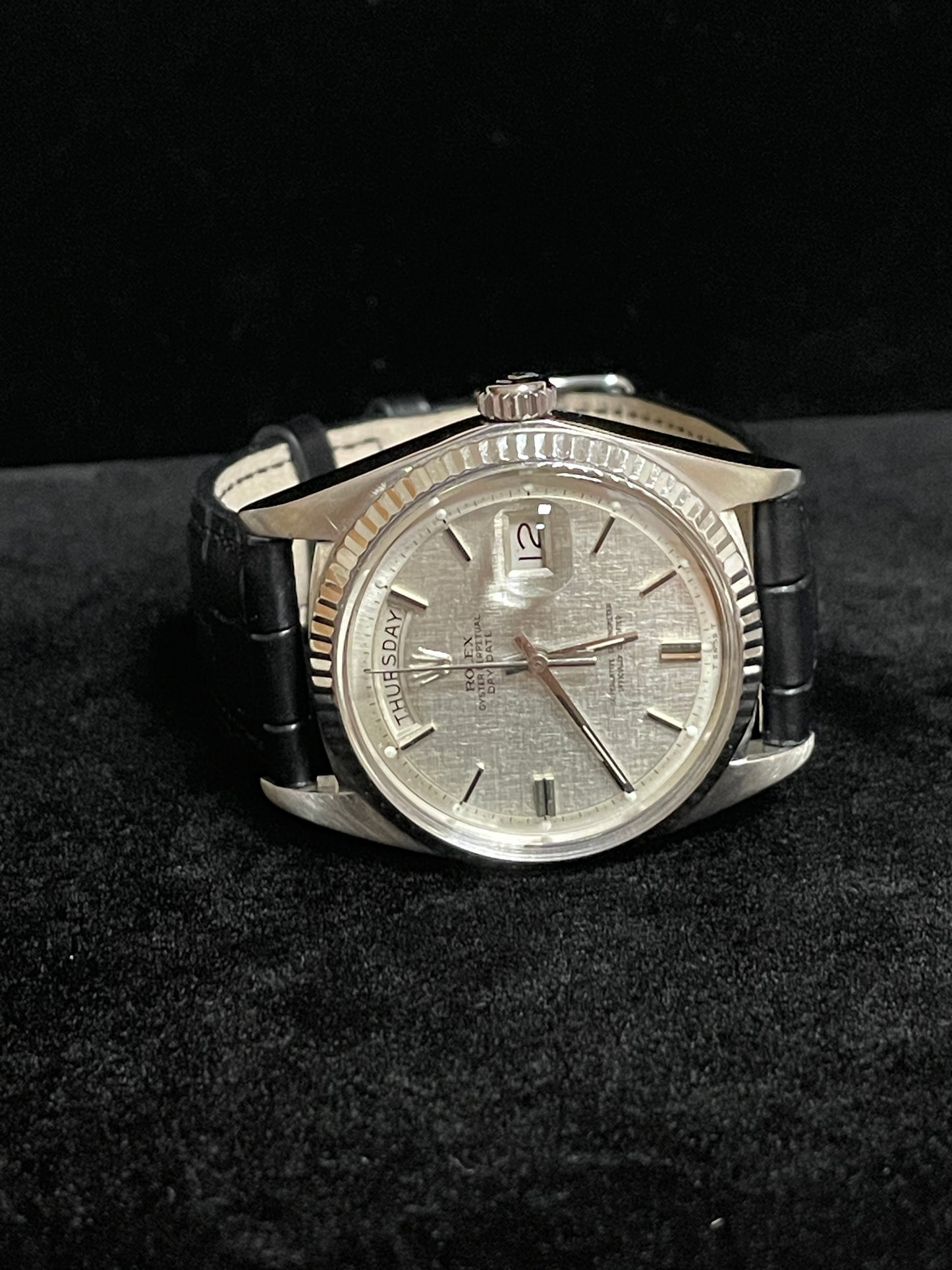 1974 Rolex Day-Date 1803 Linen Dial 18kt White Gold Leather strap No Papers 36mm