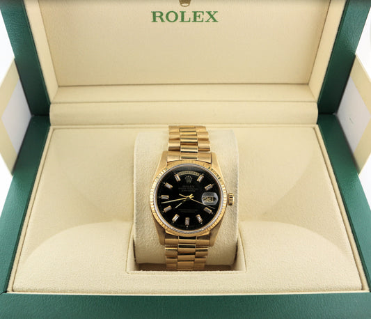 1984 Rolex Day-Date 18038 Black Baguette Diamond 18kt President No Papers 36mm