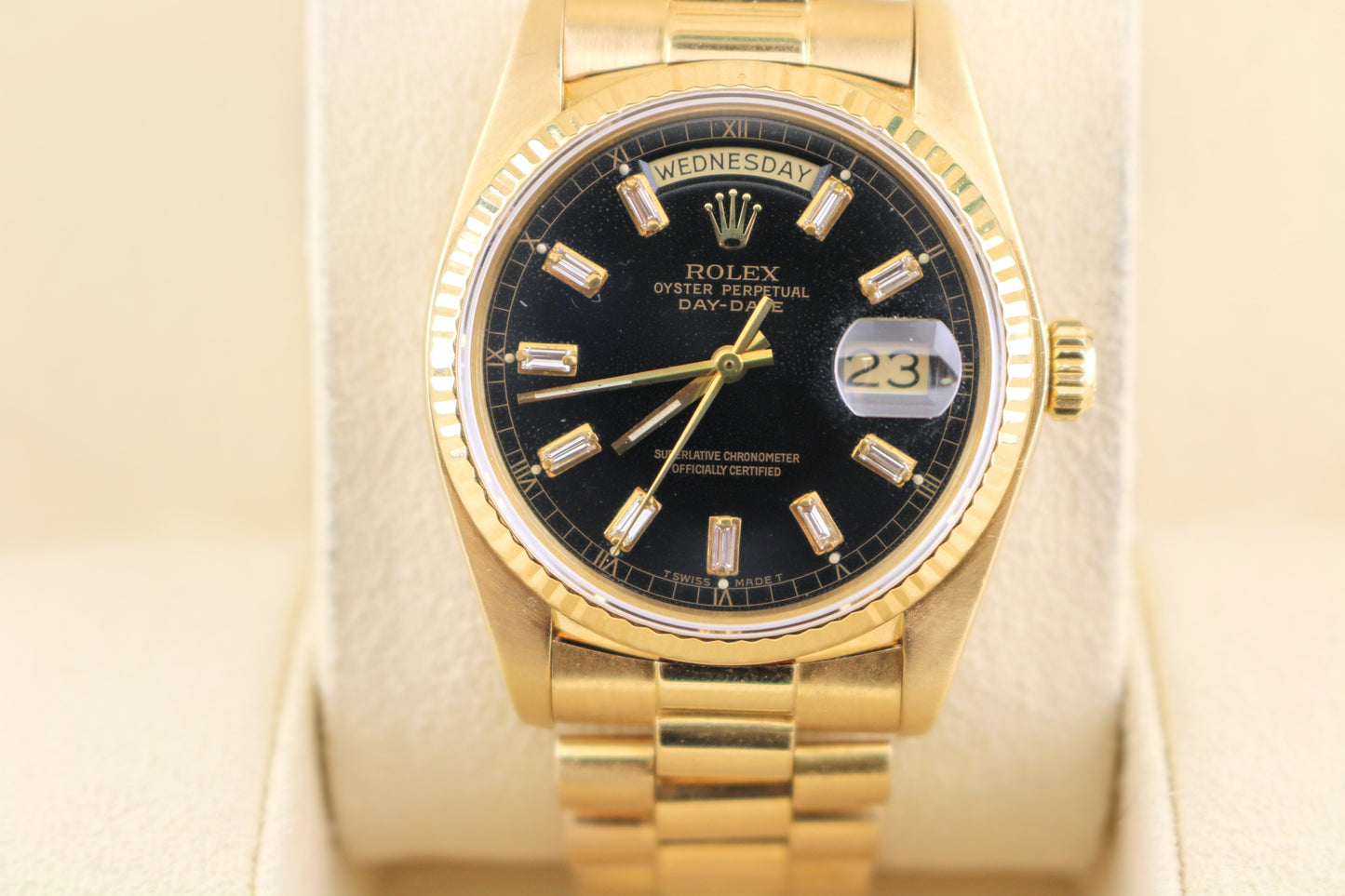 1984 Rolex Day-Date 18038 Black Baguette Diamond 18kt President No Papers 36mm