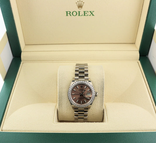 2024 Rolex Ladies Datejust 279139RBR Diamond Bezel Pink 18kt WG President 28mm