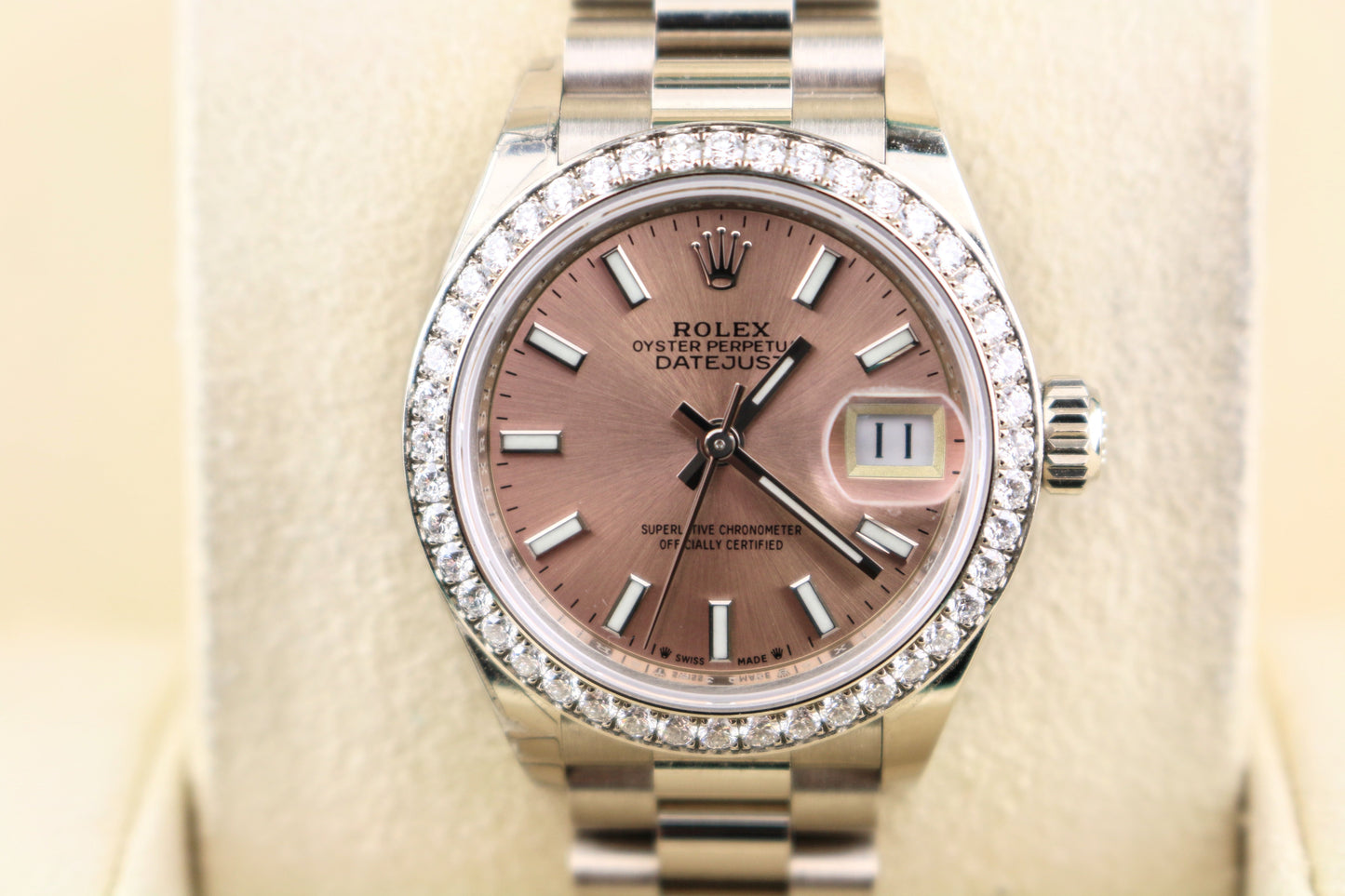 2024 Rolex Ladies Datejust 279139RBR Diamond Bezel Pink 18kt WG President 28mm