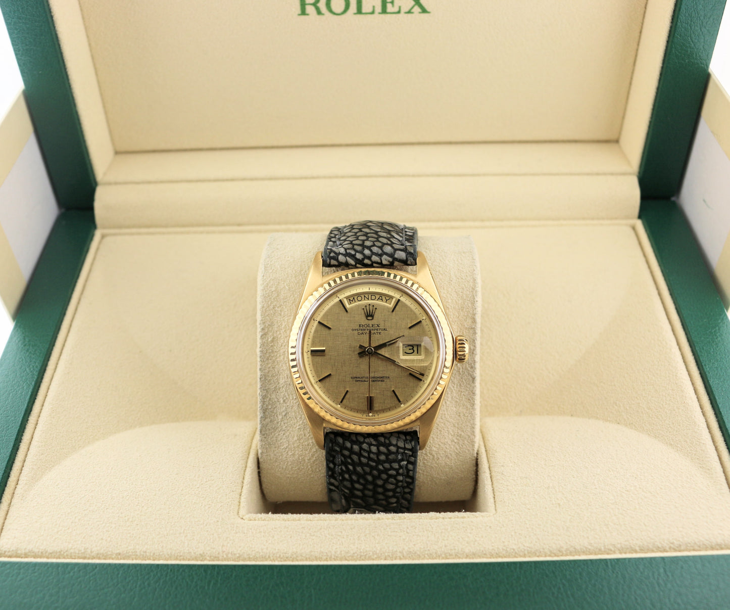 1972 Rolex Day-Date 1803 Linen Dial 18kt YG Ostrich Strap No Papers 36mm