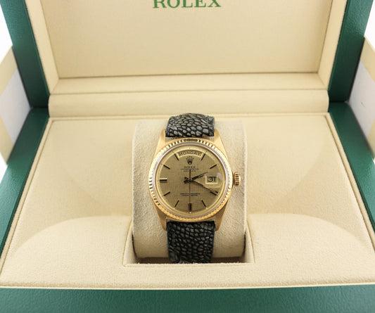 1972 Rolex Day-Date 1803 Linen Dial 18kt YG Ostrich Strap No Papers 36mm