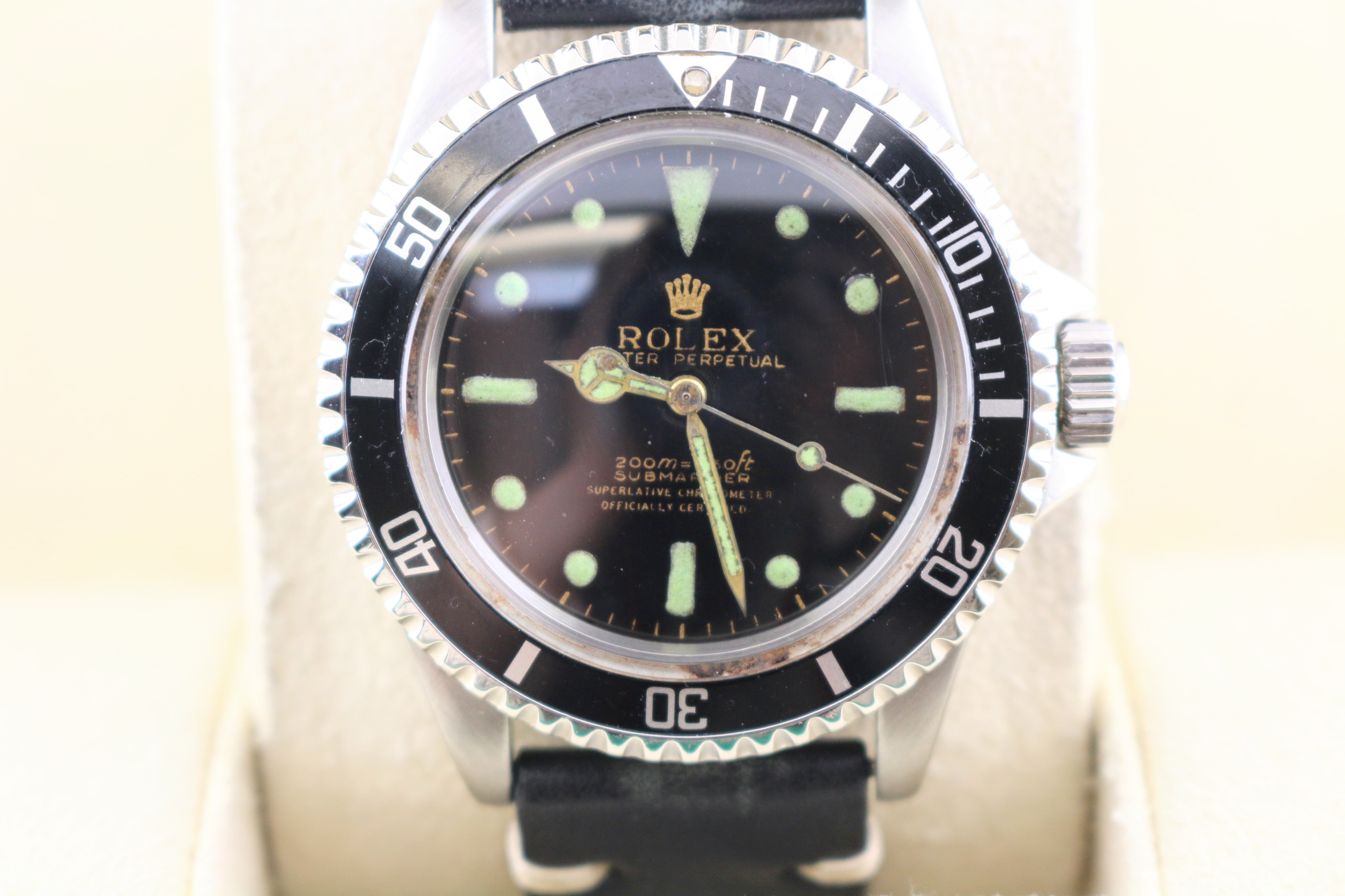 1964 Rolex Submariner 5512 Black Relumed Dial Leather Strap No Papers Big Ben Time Zone