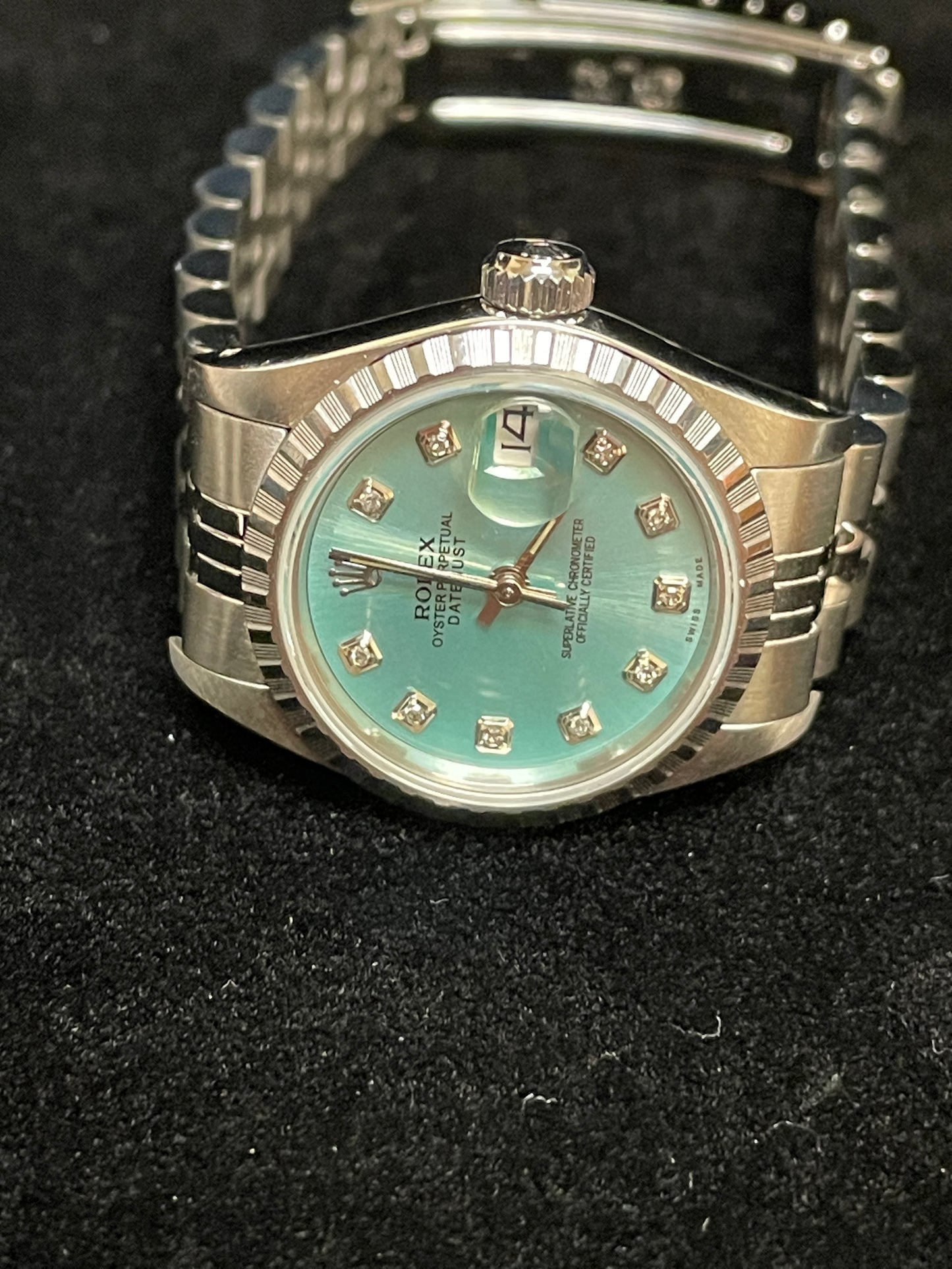 Rolex Ladies Datejust 69240 Blue Diamond Dial SS Jubilee With Papers 26mm