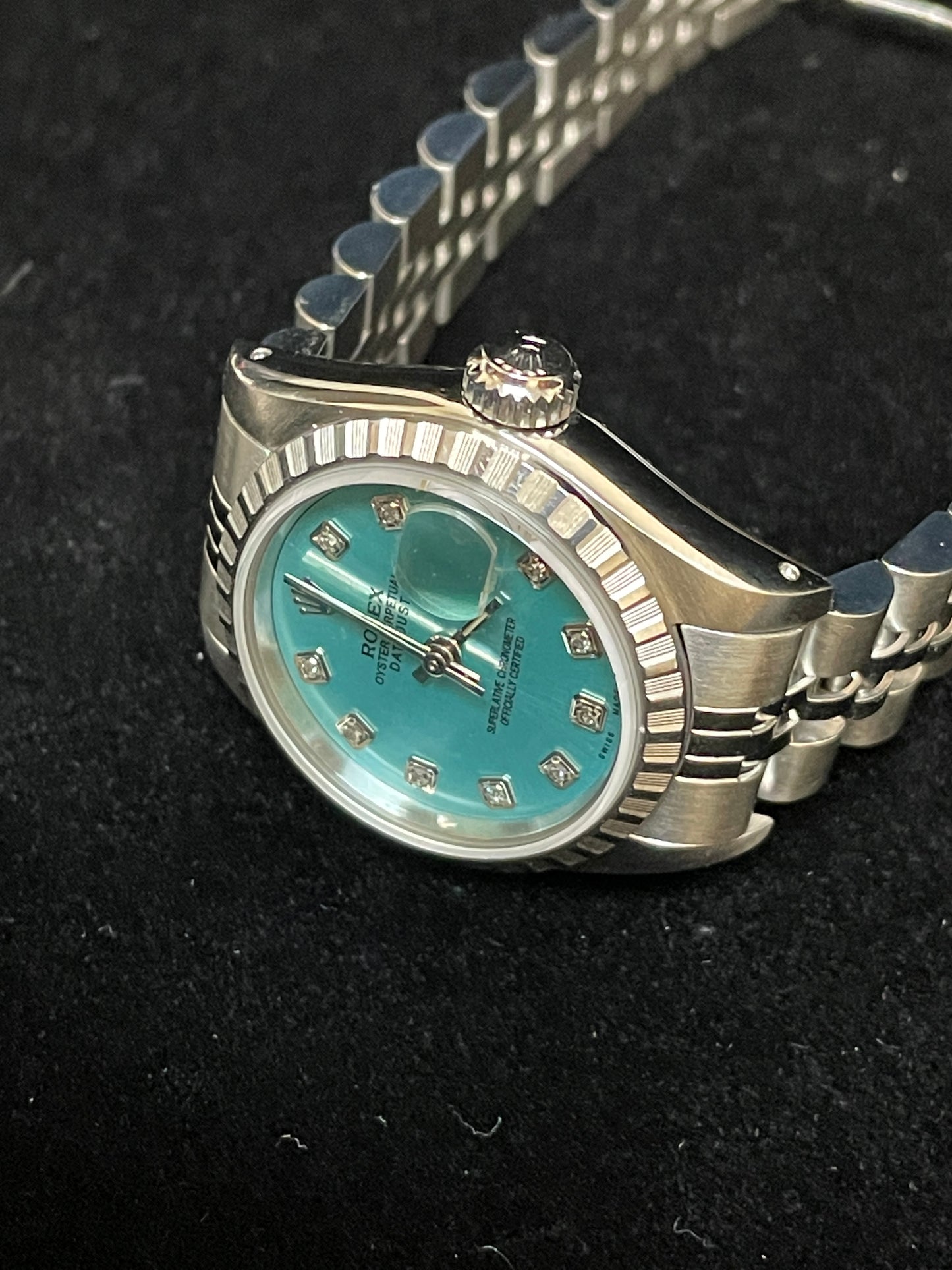 Rolex Ladies Datejust 69240 Blue Diamond Dial SS Jubilee With Papers 26mm