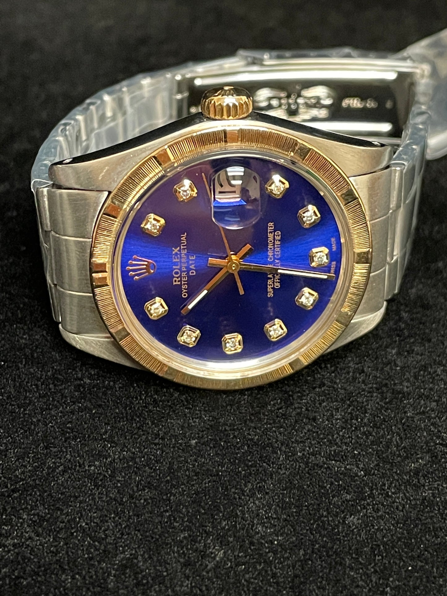1985 Rolex Date 1500 Blue Diamond Dial Gold Bezel SS Oyster No Papers 34mm