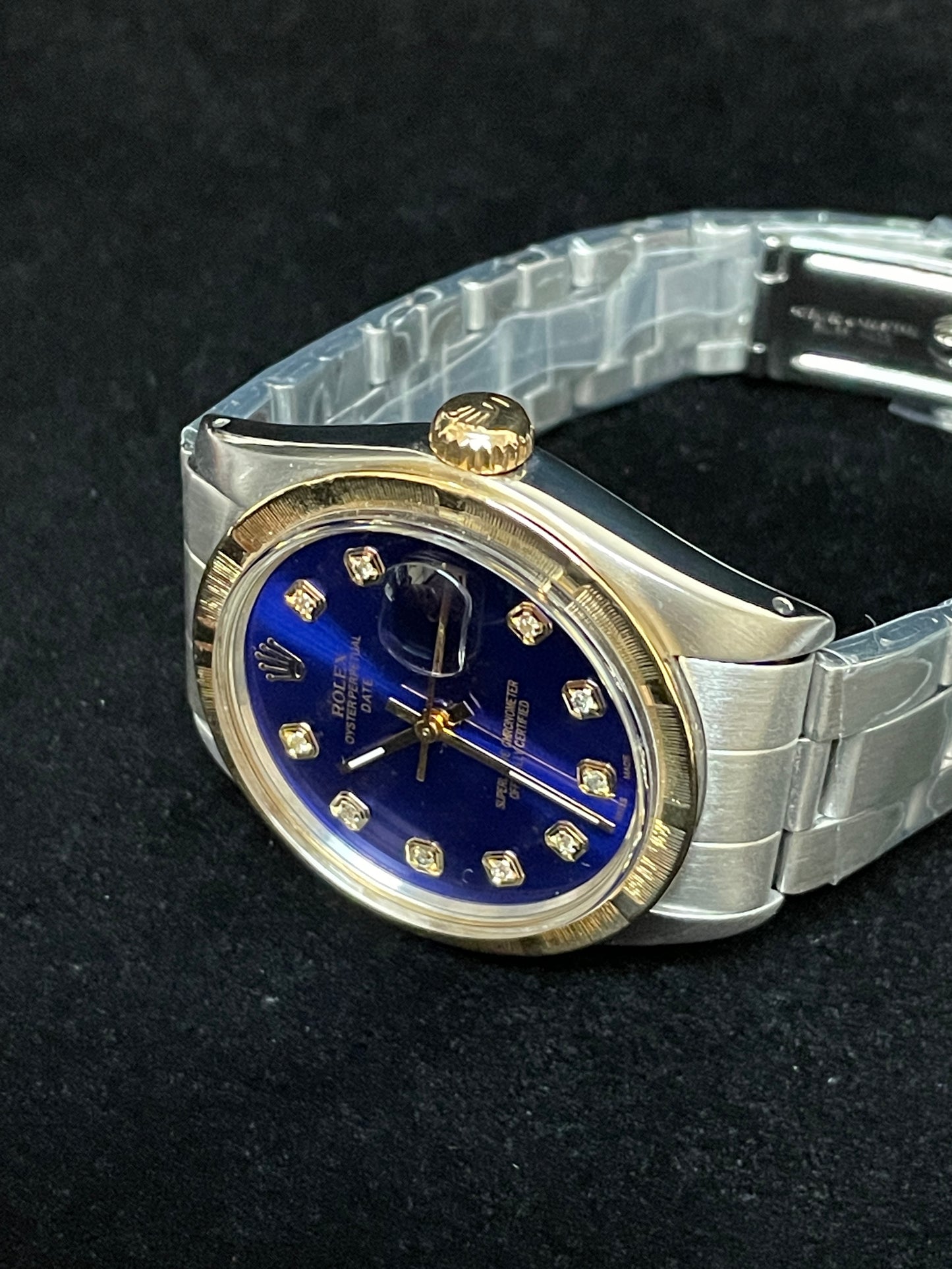 1985 Rolex Date 1500 Blue Diamond Dial Gold Bezel SS Oyster No Papers 34mm