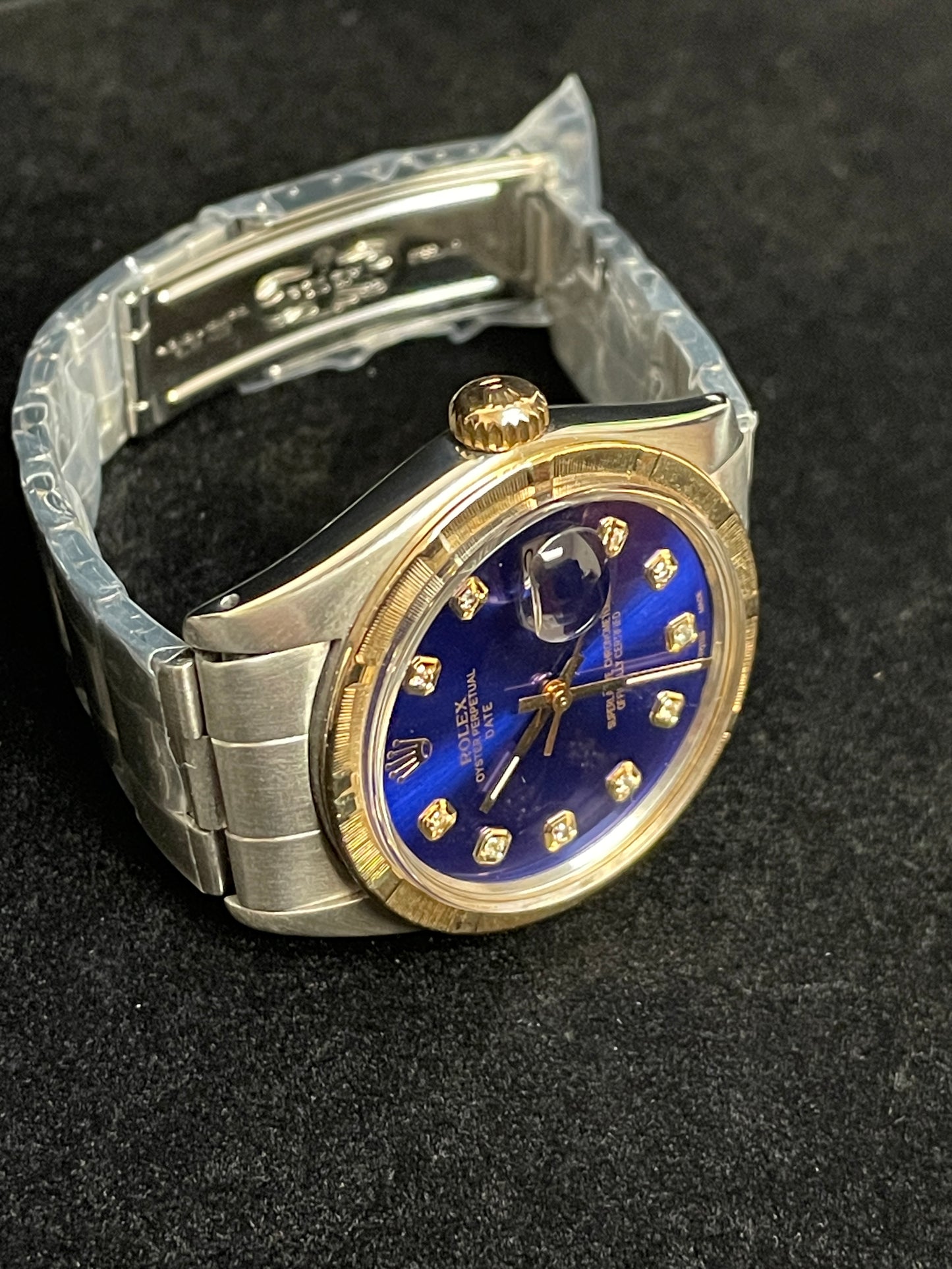 1985 Rolex Date 1500 Blue Diamond Dial Gold Bezel SS Oyster No Papers 34mm