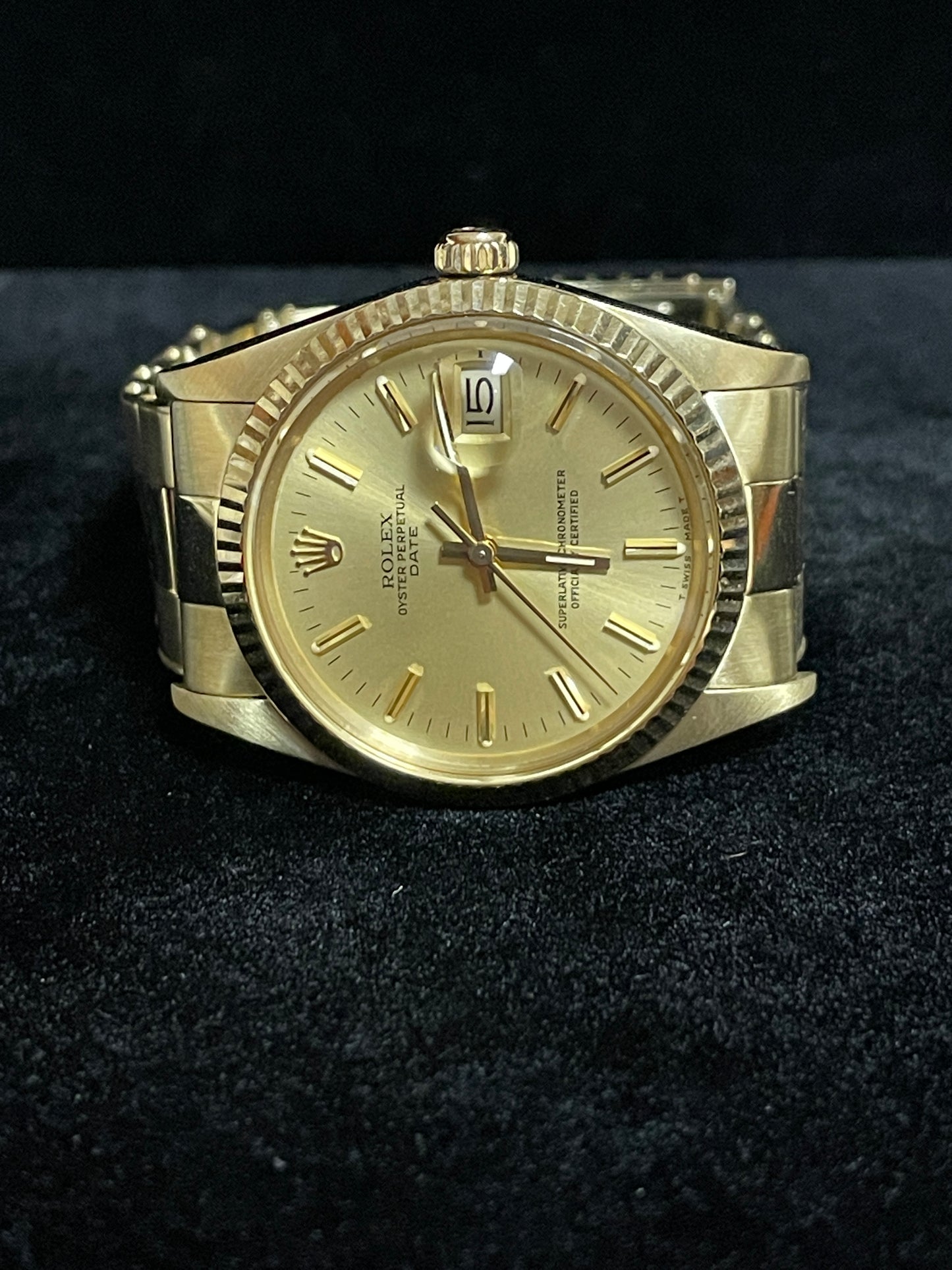 1987 Rolex Date 15037 Champagne Dial 14kt YG Rivet Oyster With Papers 34mm