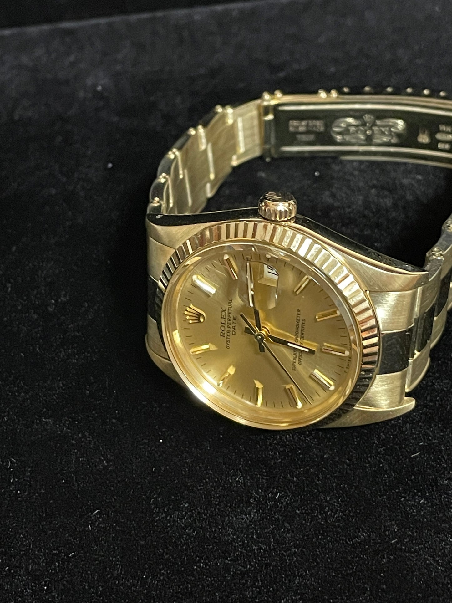 1987 Rolex Date 15037 Champagne Dial 14kt YG Rivet Oyster With Papers 34mm