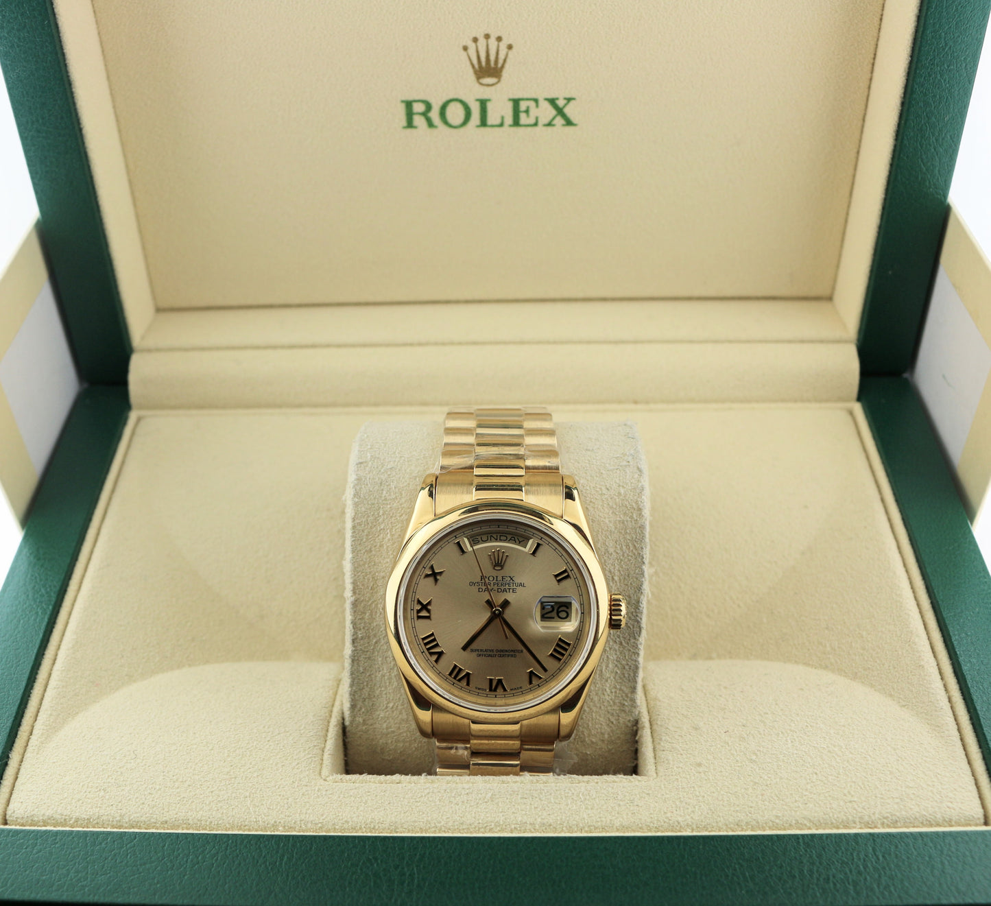 2000 Rolex Day-Date 118208 Champagne Roman Dial SEL Heavy 18kt President 36mm