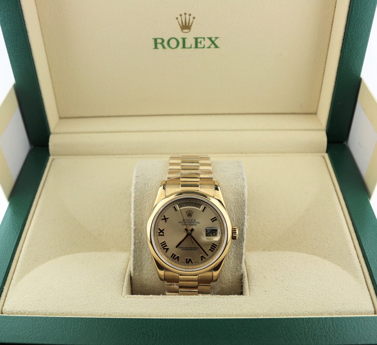 2000 Rolex Day-Date 118208 Champagne Roman Dial SEL Heavy 18kt President 36mm