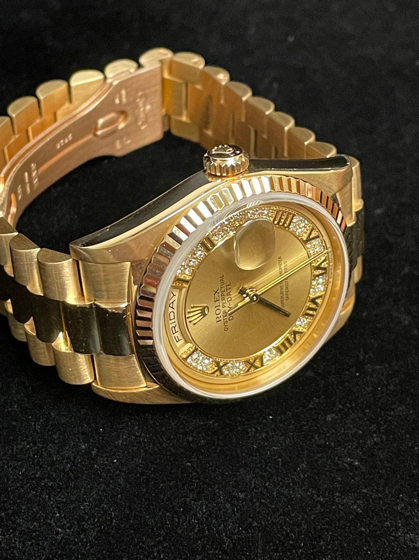 Rolex Day-Date 18238 Champagne Myriad Roman Dial 18kt President Open Papers 36mm